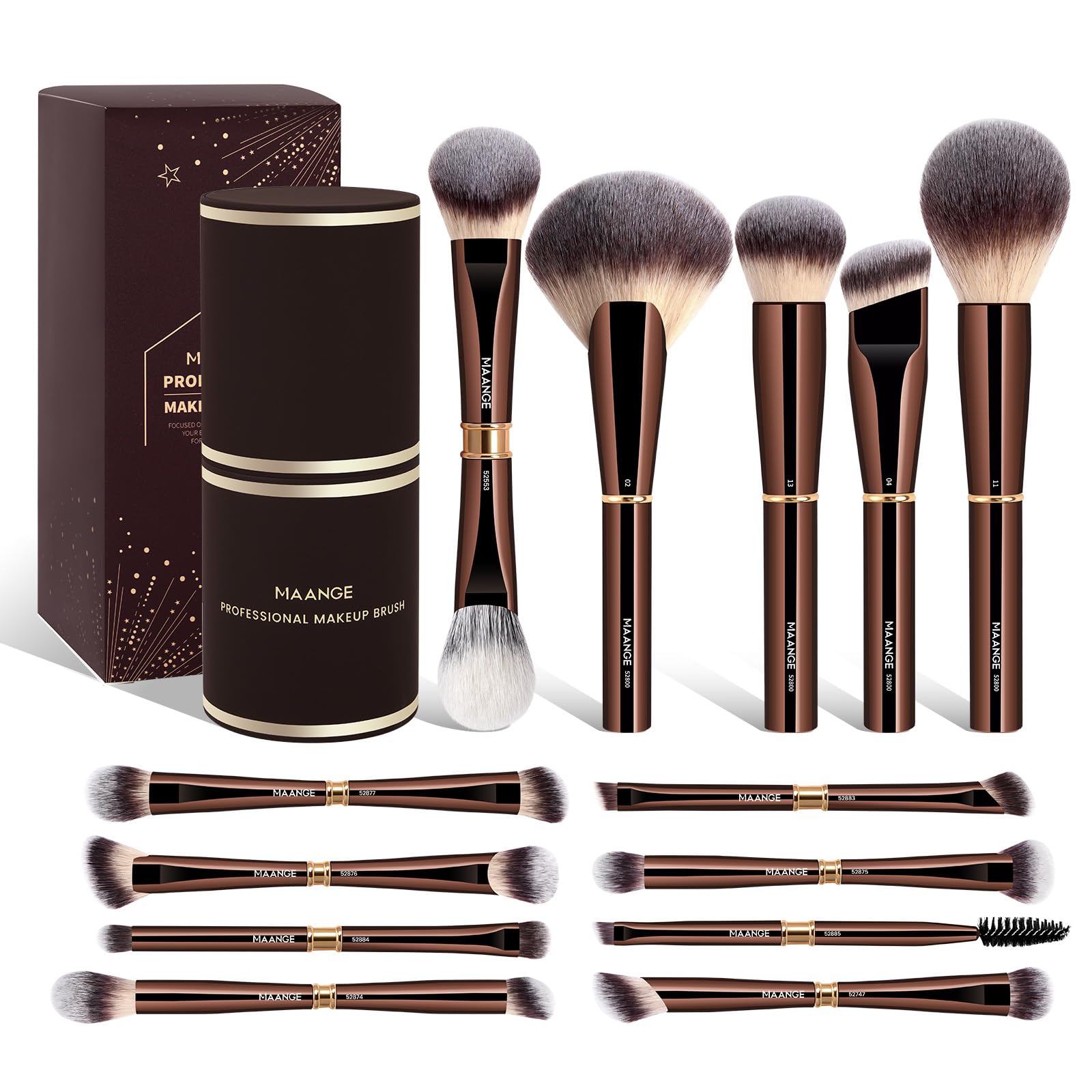 Maange ensemble pinceaux maquillage treize pièces avec étui café brun, kit polyvalent.