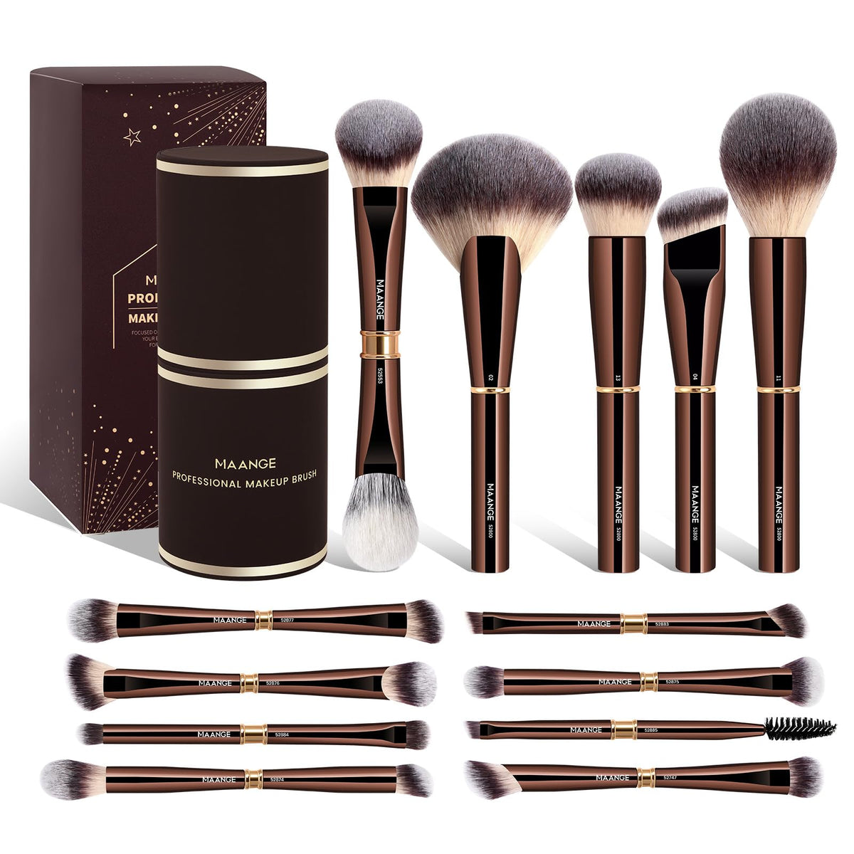 Maange ensemble pinceaux maquillage treize pièces avec étui café brun, kit polyvalent.