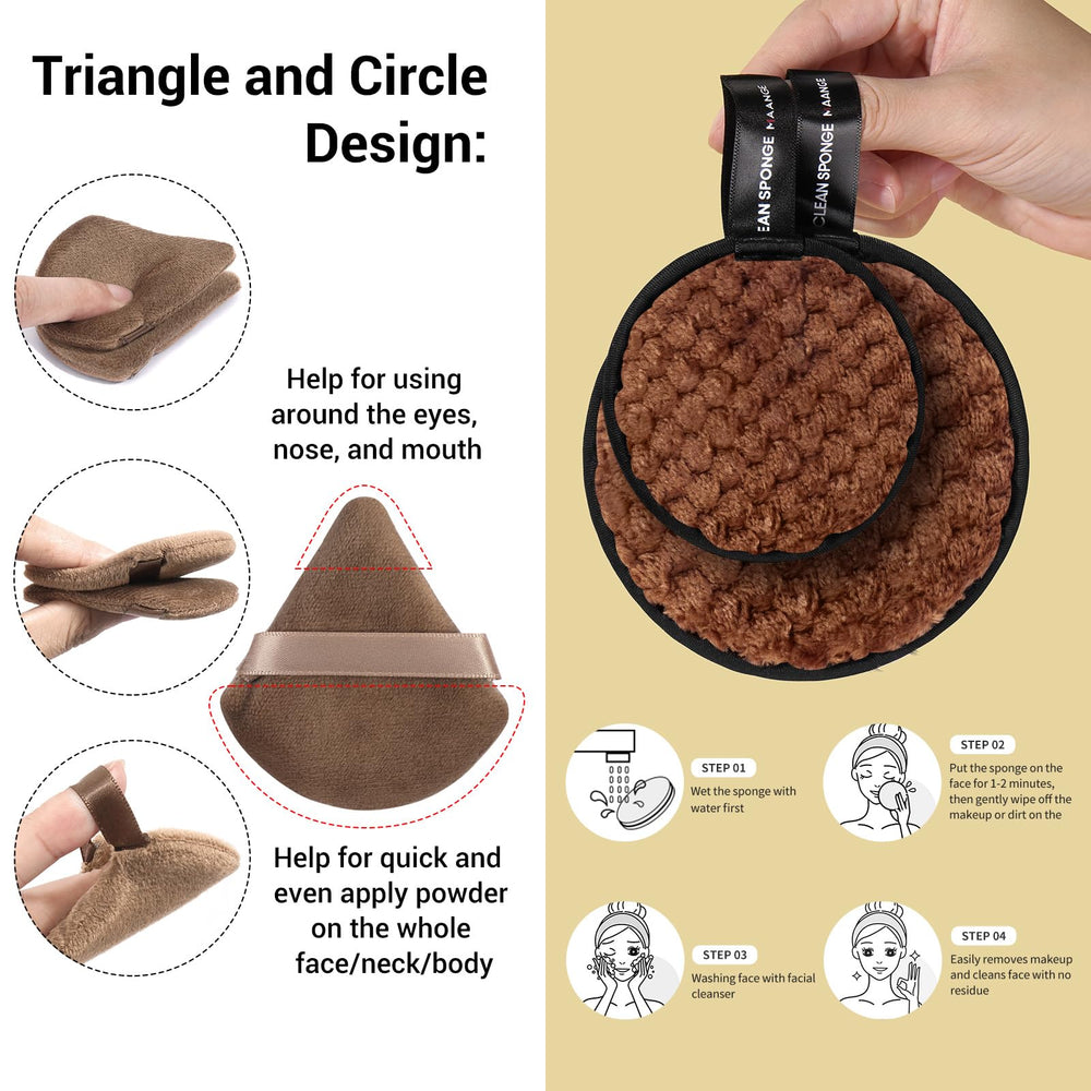 Houppettes triangle MAANGE pour poudrer et retouches rapides.