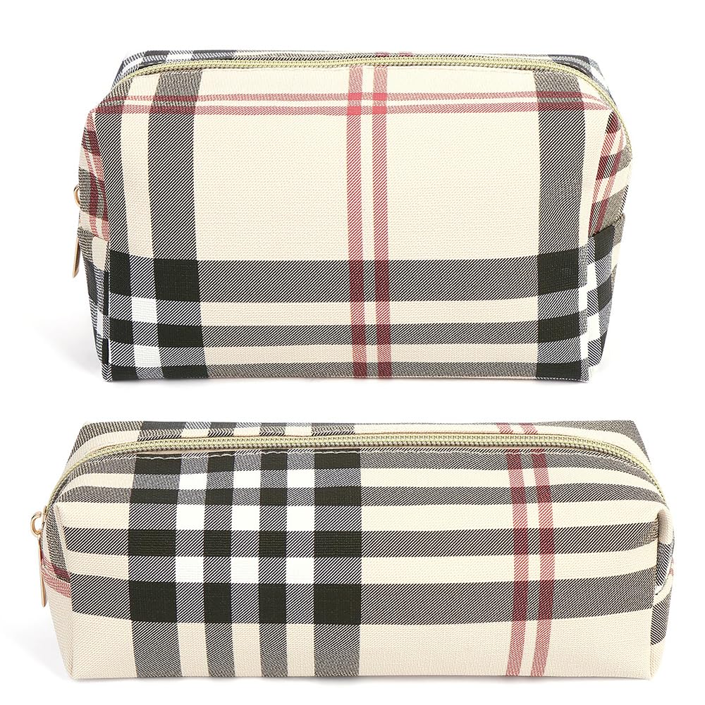 MAANGE pochette maquillage ensemble motif écossais kaki, pratique et élégant au quotidien.