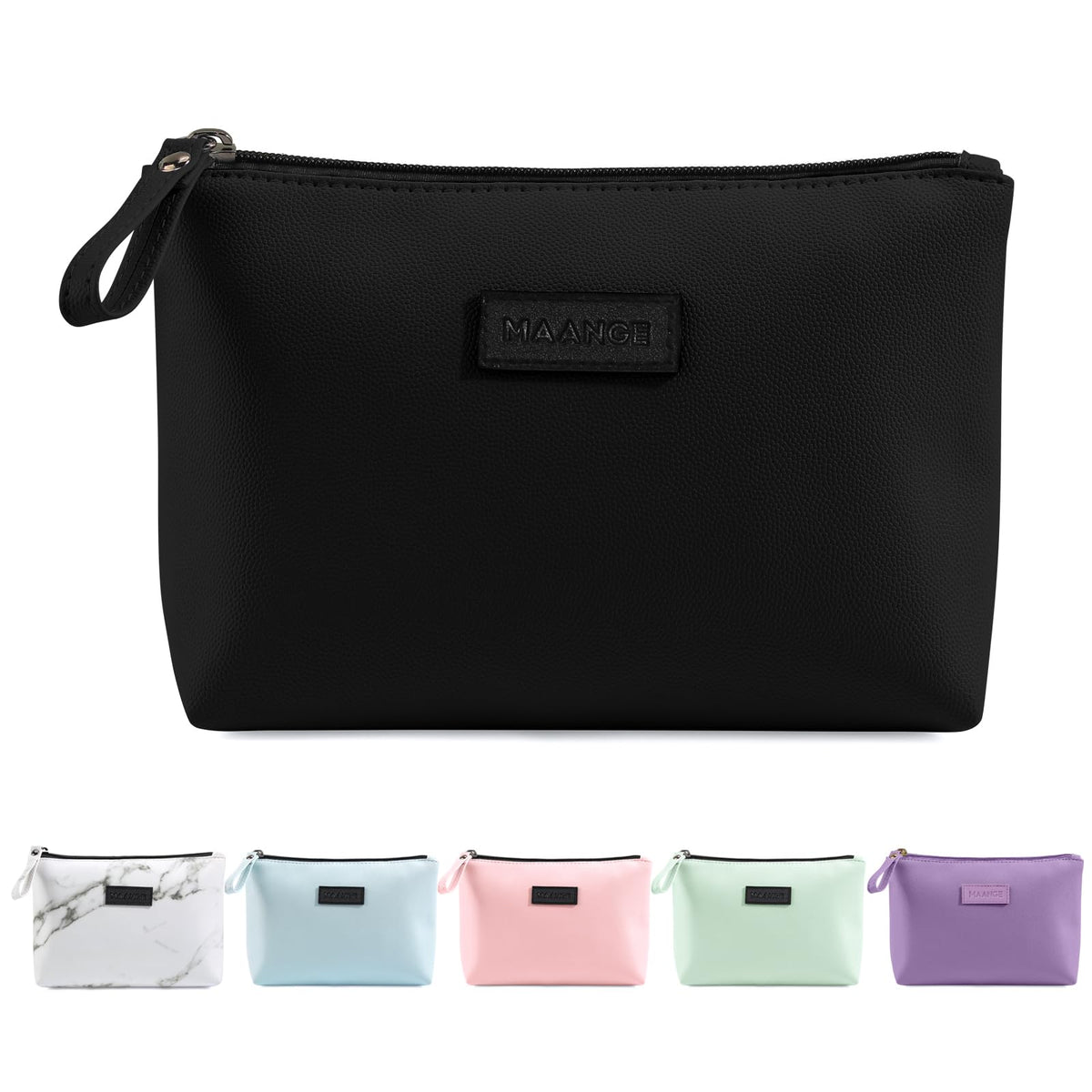 Trousse MAANGE en cuir PU noire, rangement maquillage chic et durable.
