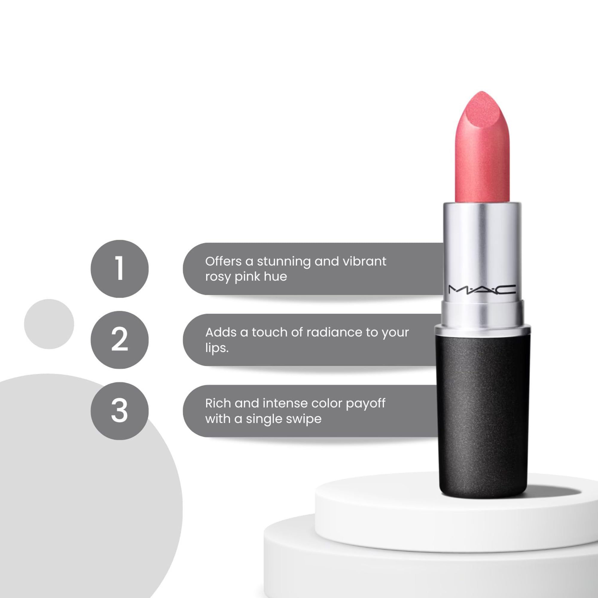MAC Frost Lipstick Bombshell adapté au port quotidien avec nuance naturelle.