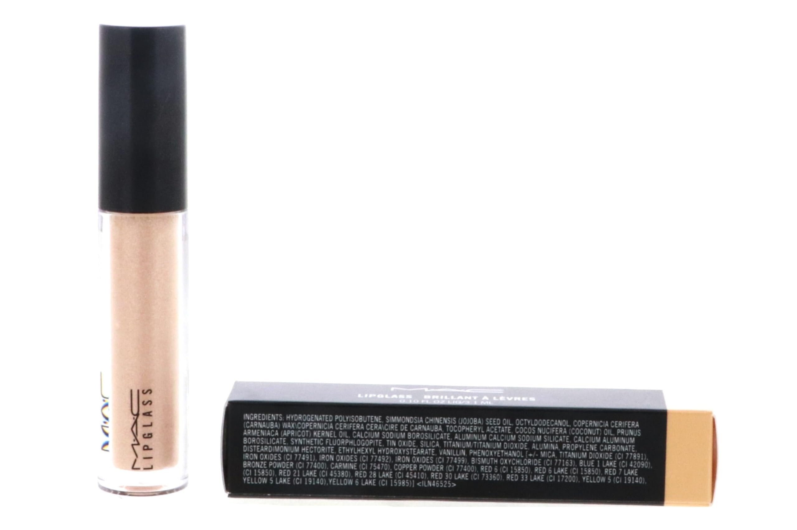 MAC Lipglass Very Go Lightly, essai sur les lèvres montrant une couleur naturelle.