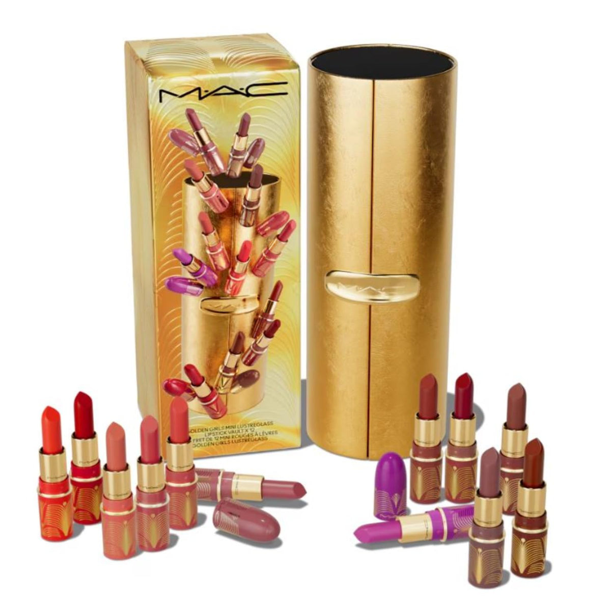 MAC Lustreglass mini coffret doré, idéal pour les voyages et le soin des lèvres.