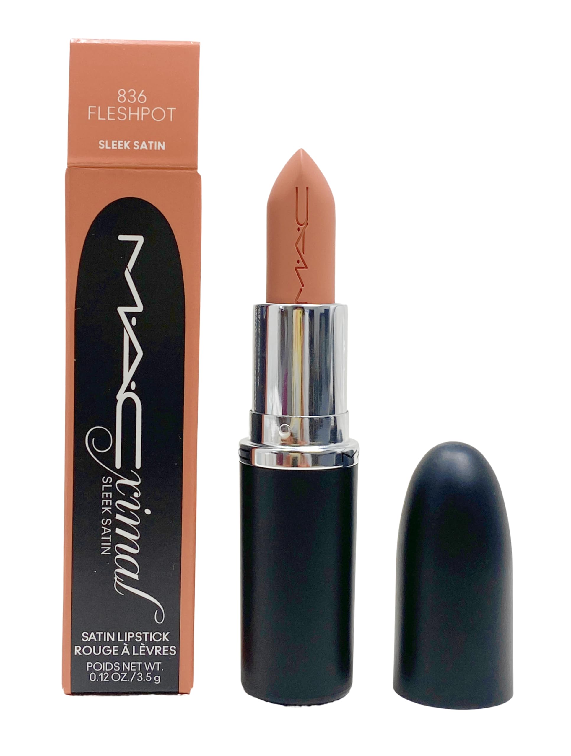 MAC Ximal Rouge à Lèvres Satin 836 Fleshpot, tube élégant nude chaud avec longue tenue.