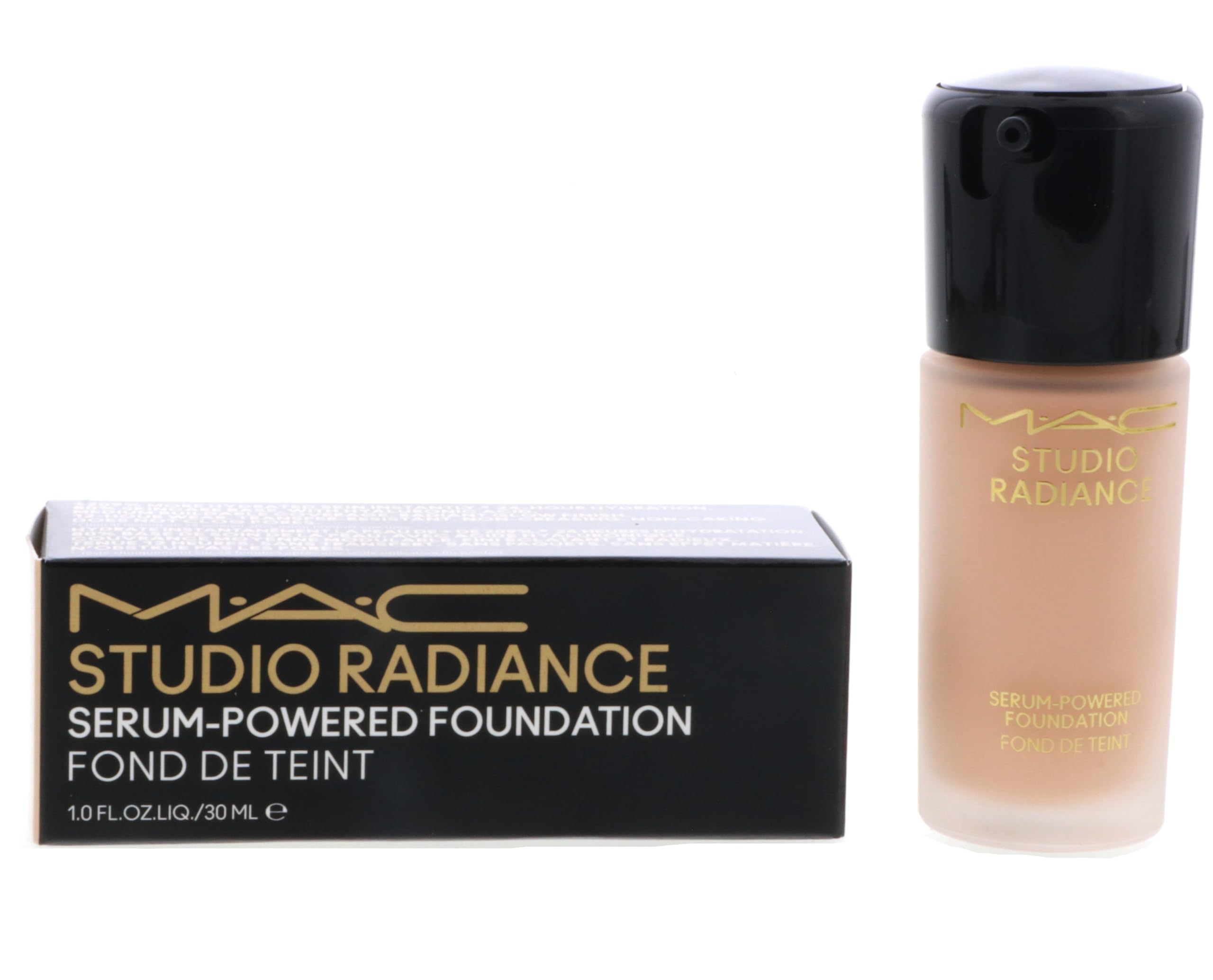 MAC Studio Radiance Serum Powered Foundation NW13 flacon, hydratation étendue pour teint lumineux.