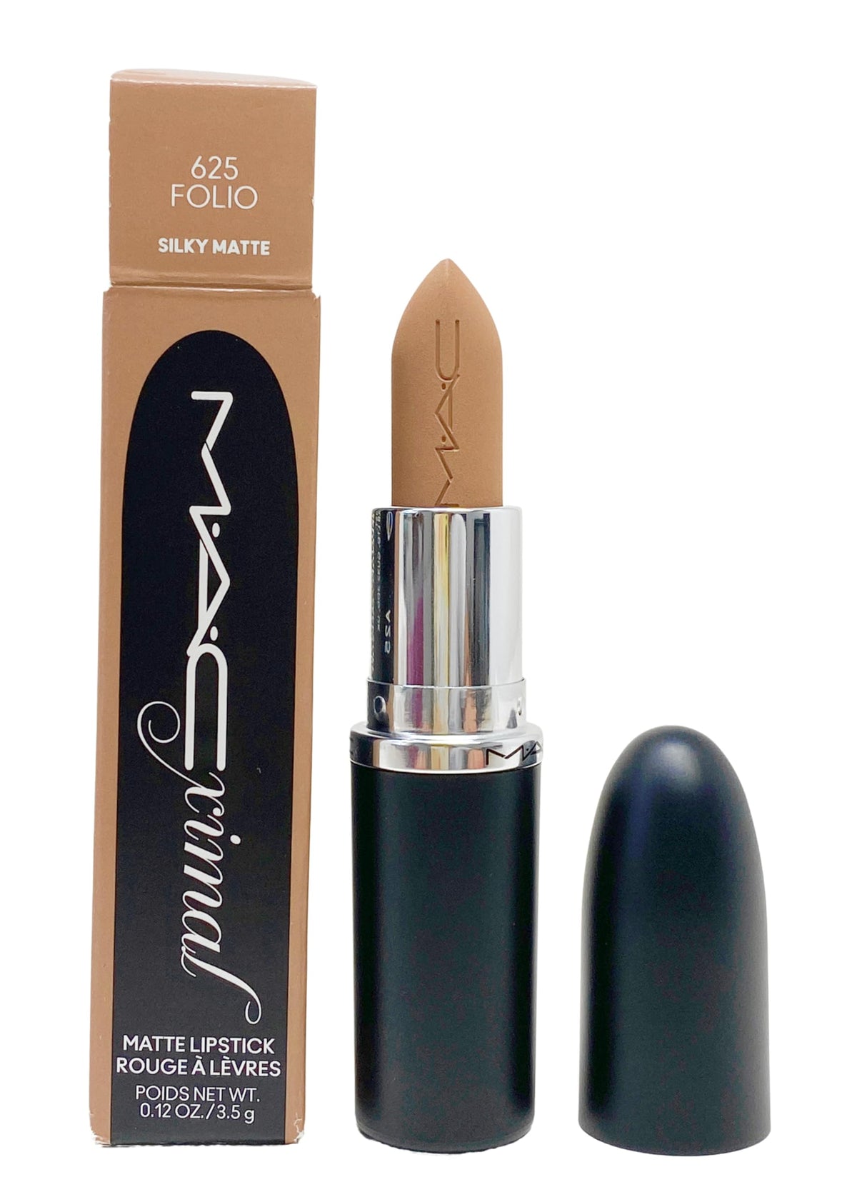 MAC Ximal Silky Matte Lipstick 625 Folio close-up swatch shows creamy pigment and long wear.