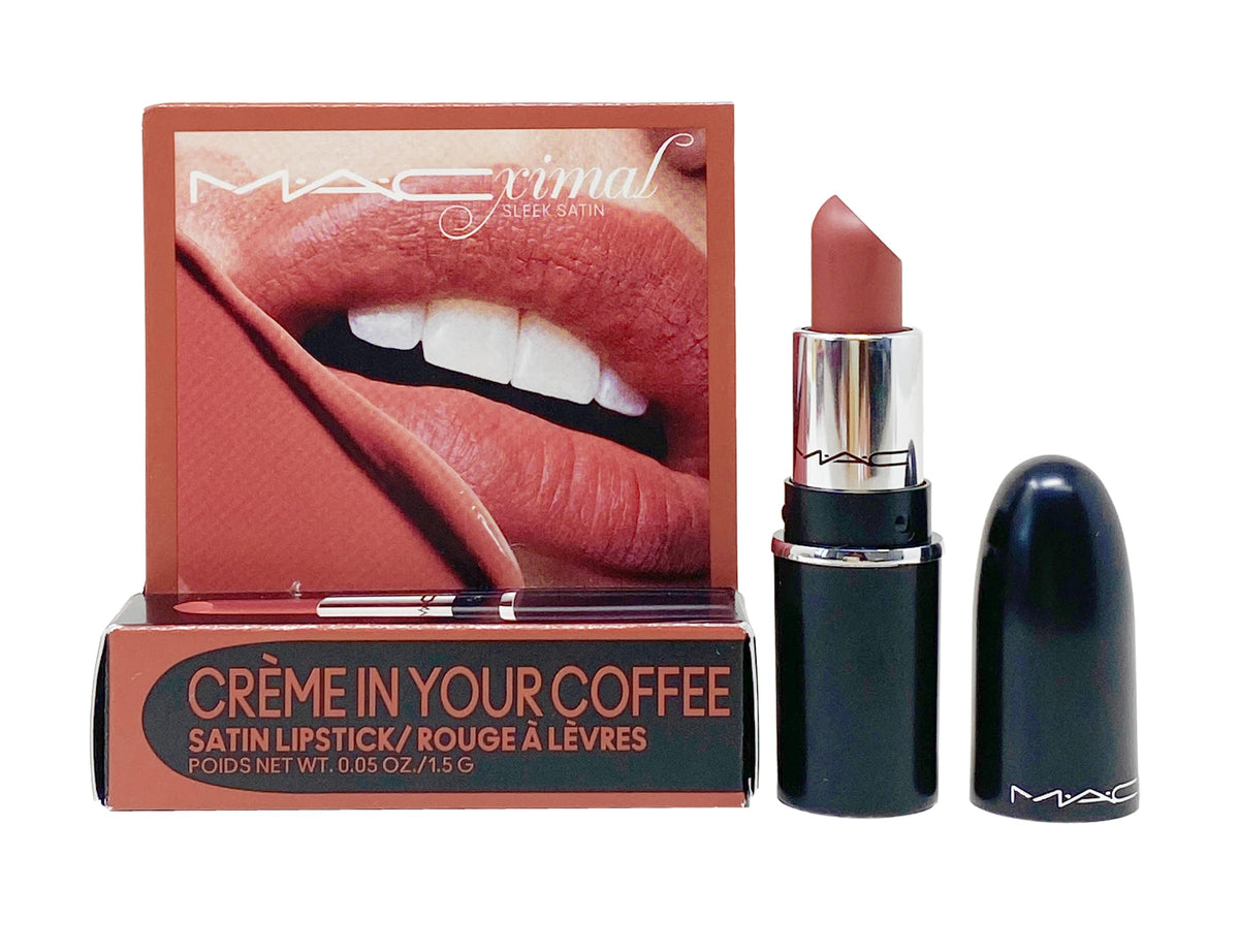 MAC Ximal Sleek Satin Mini Lipstick Creme In Your Coffee swatches show rich color and hydration.