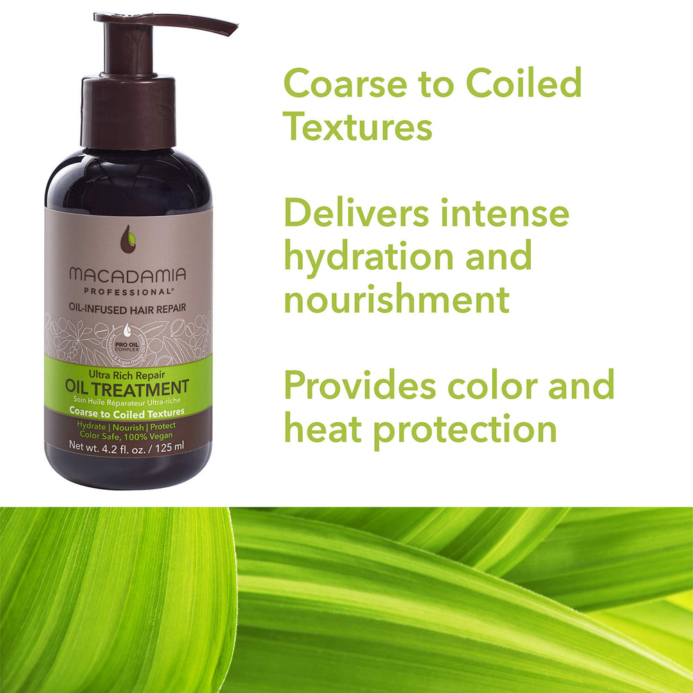 Macadamia Professional Ultra Rich Moisture Oil Treatment – sans silicone, formule légère et nourrissante.