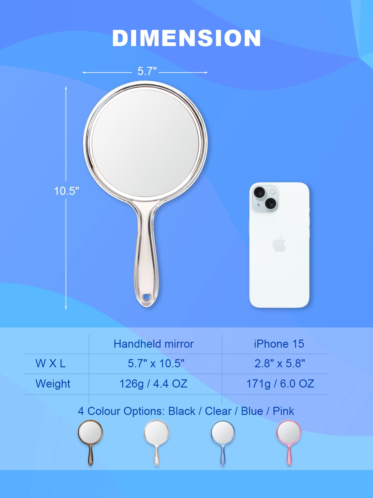 Miroir Macaki portatif avec trou d'accroche pour rangement pratique