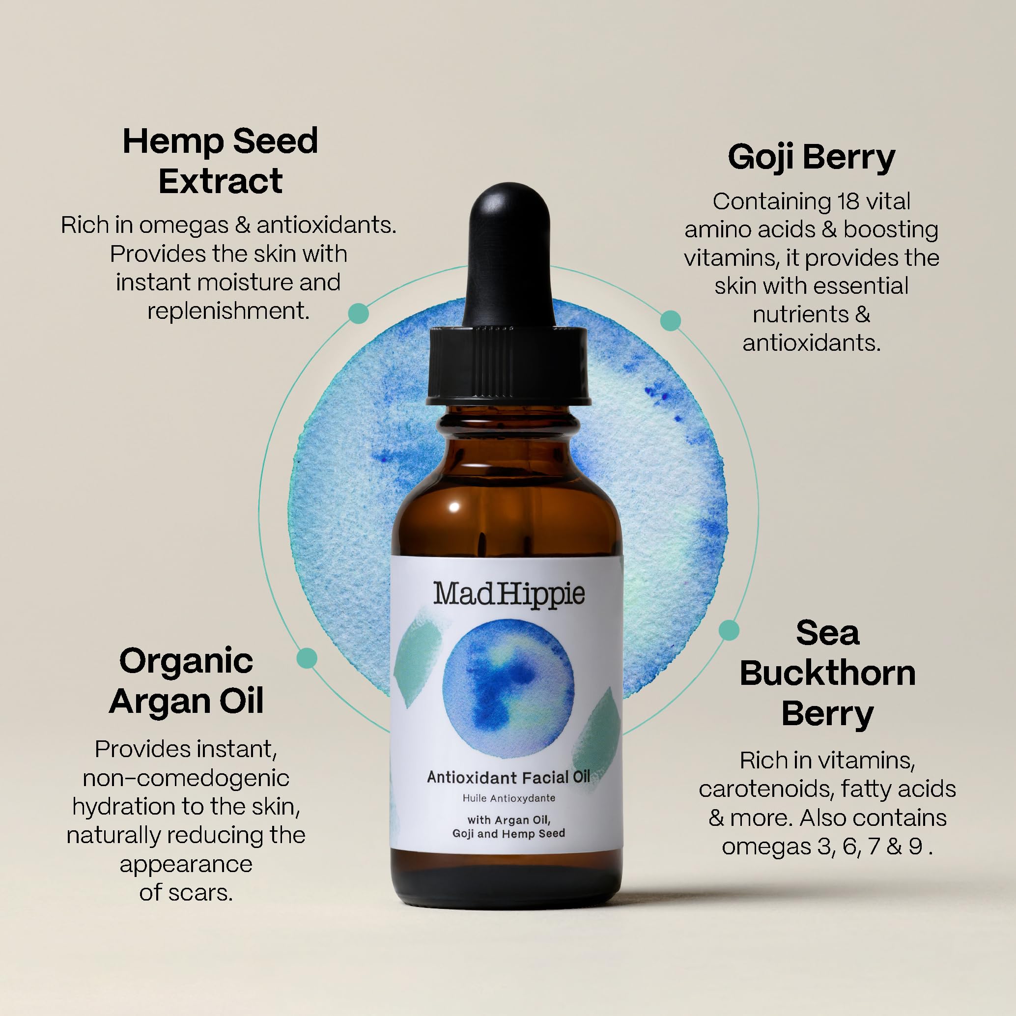 Mad Hippie Huile Visage Huile Chanvre et Argousier, riche en antioxydants pour une peau nourrie.