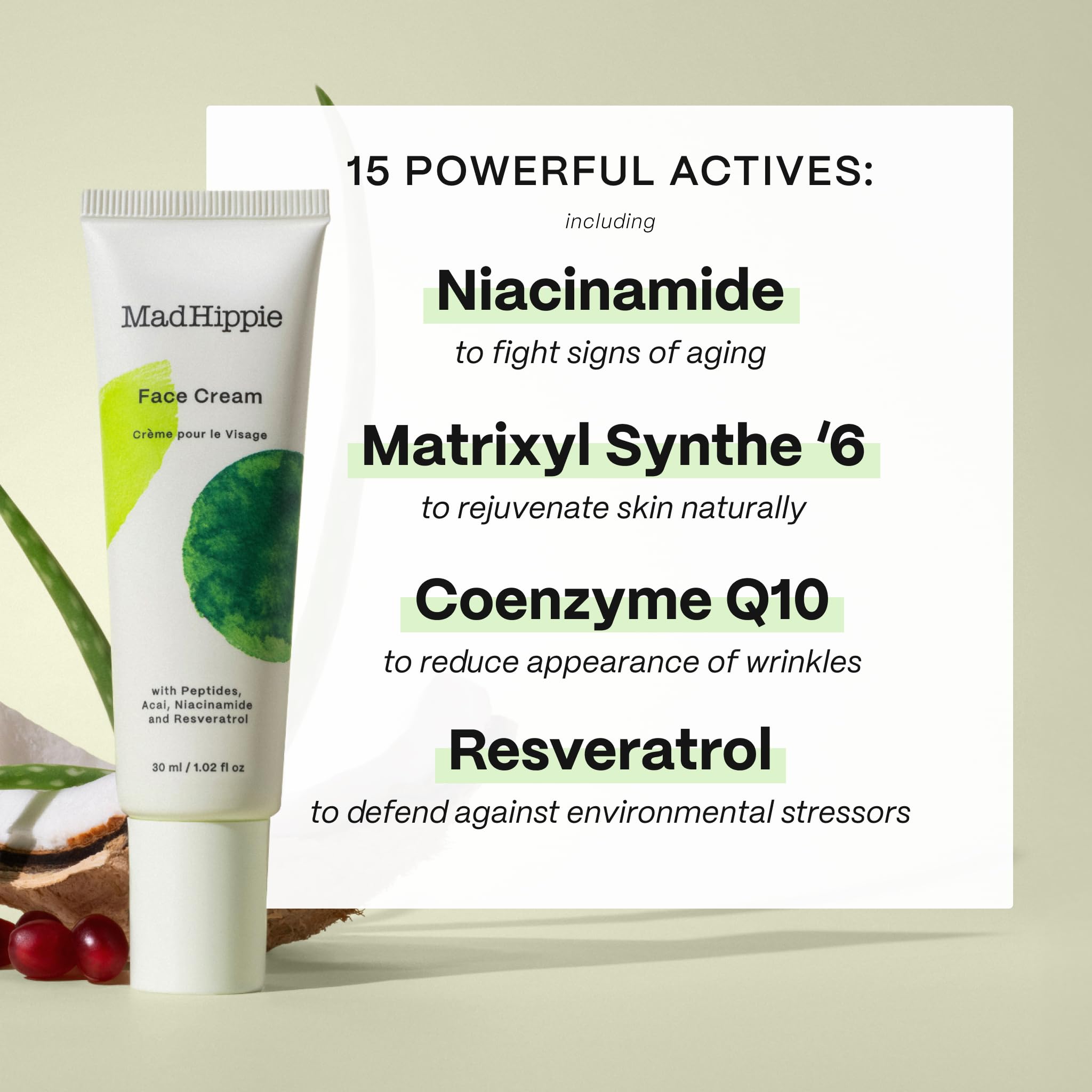 Mad Hippie Crème Visage: ingrédients clés niacinamide et resveratrol pour nourrir la peau.