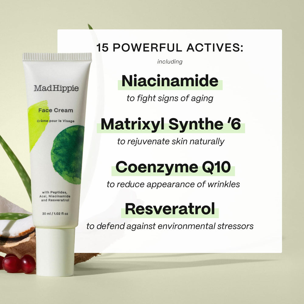 Mad Hippie Crème Visage: ingrédients clés niacinamide et resveratrol pour nourrir la peau.