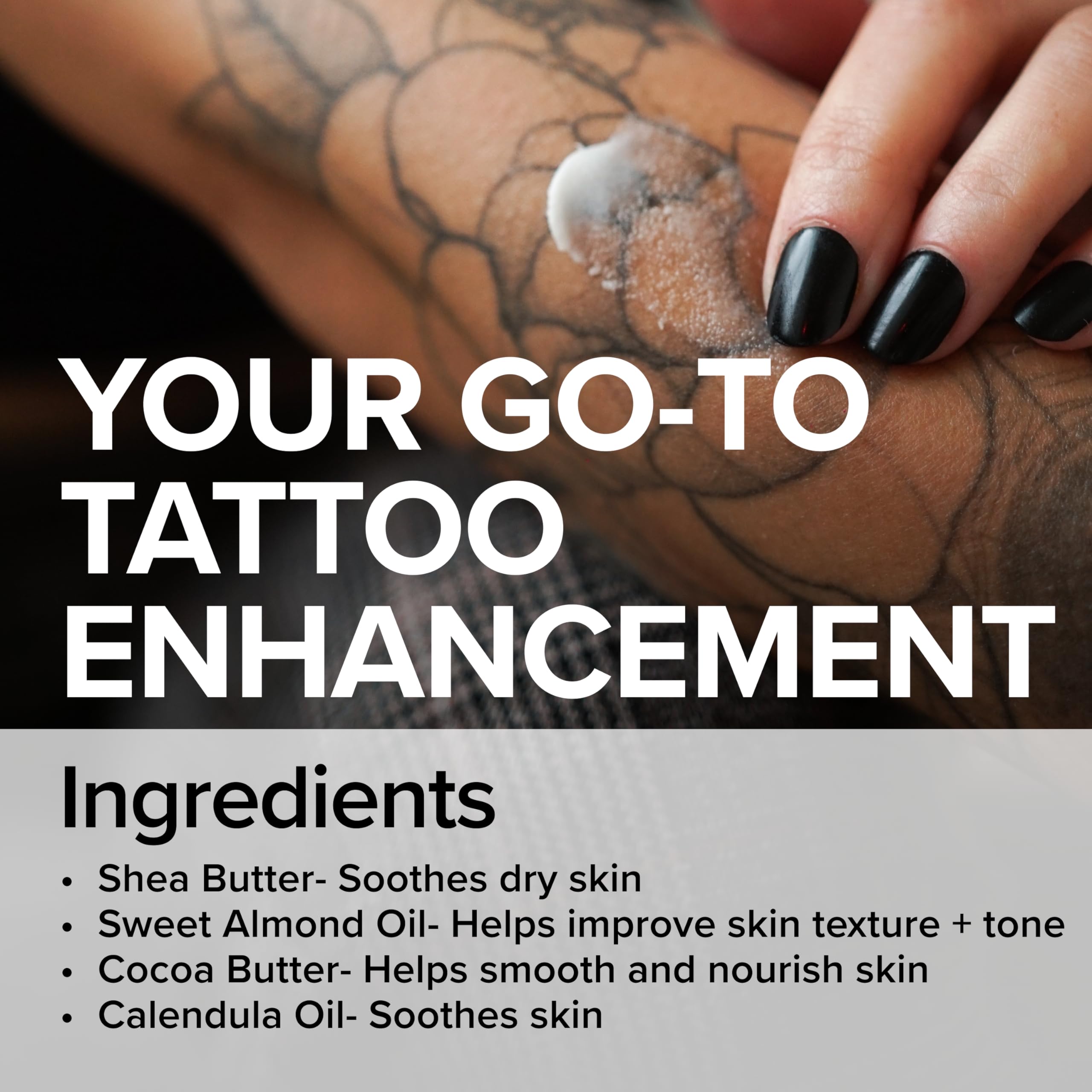 Mad Rabbit Tattoo Balm application on skin delivers immediate smoothness and even color enhancement.