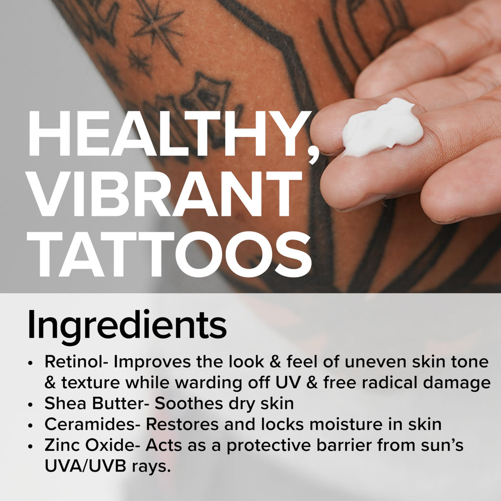 Texture du baume d'amélioration Mad Rabbit sur peau tatouée.