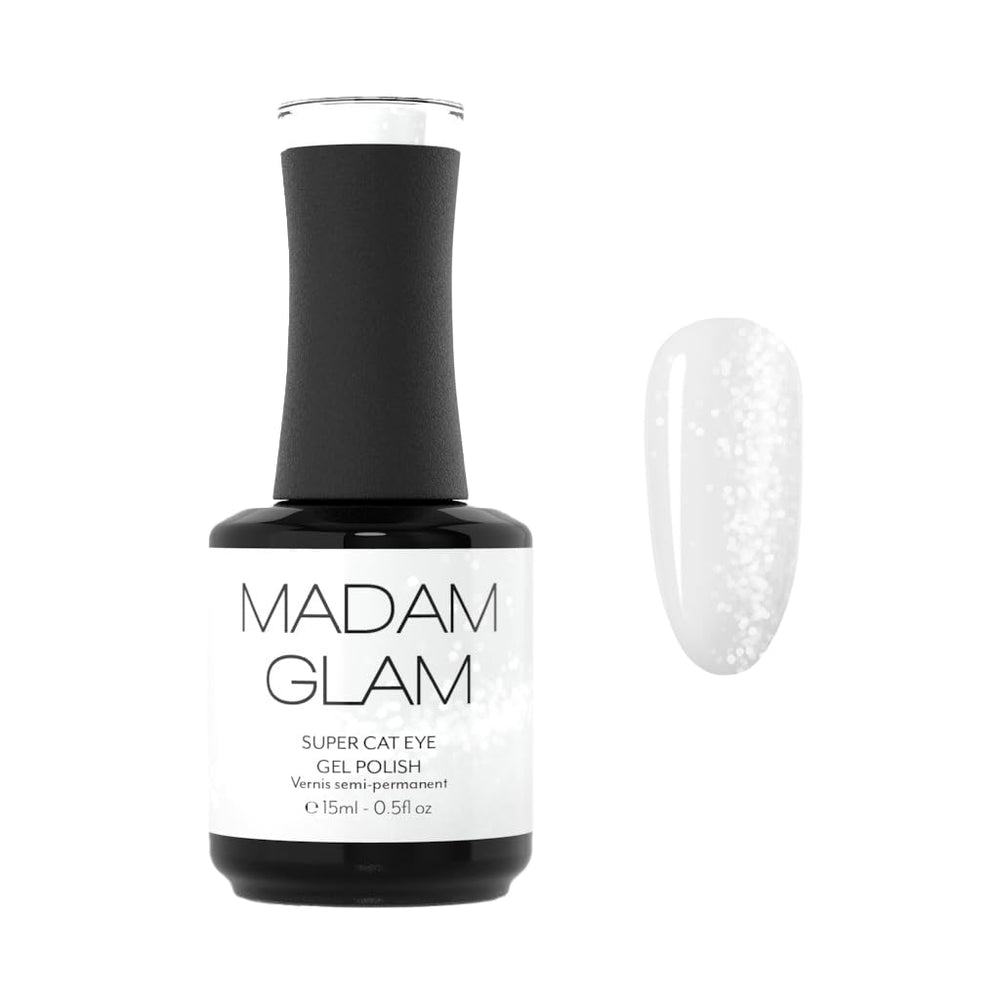 Madam Glam White Cat Eye Gel Polish bottle with magnetic shimmer for vibrant nails.