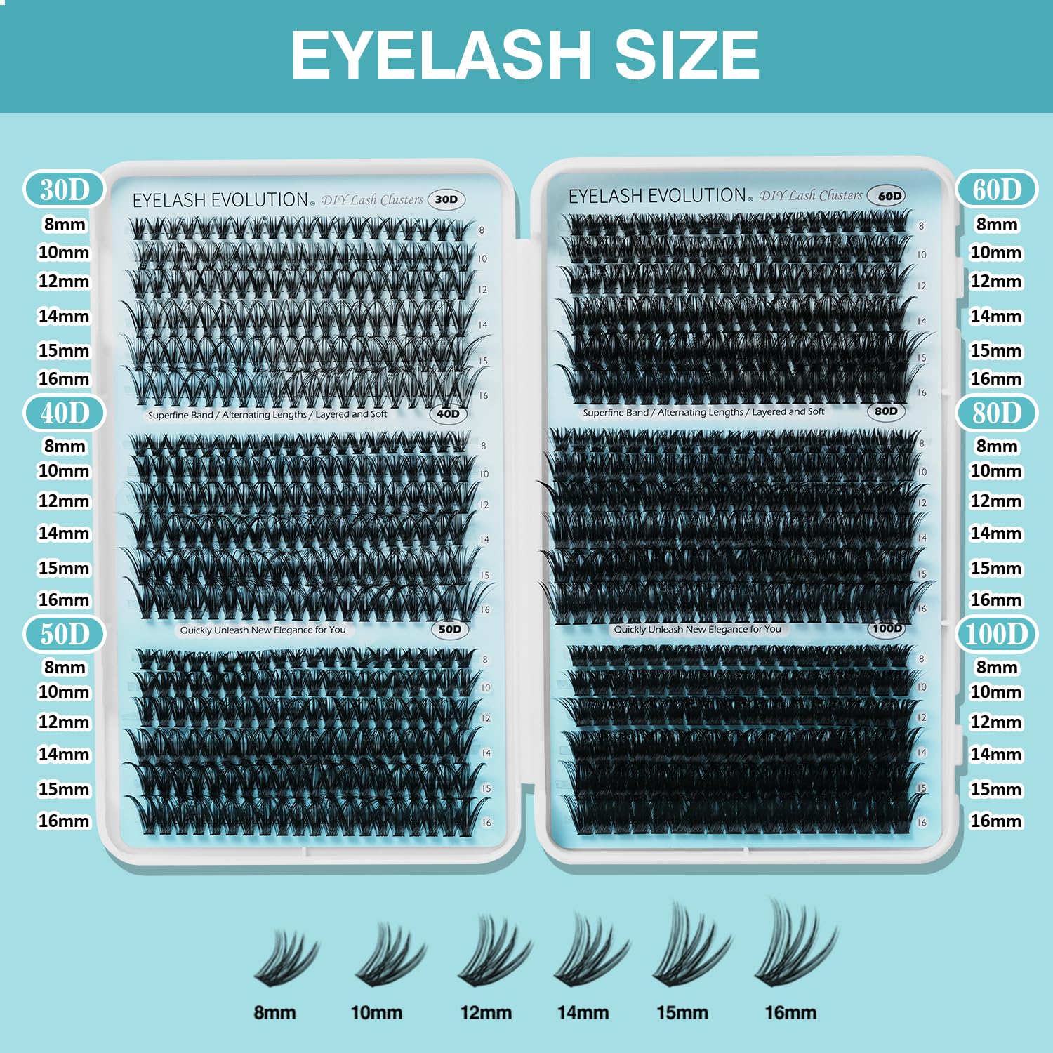 Cils clusters 30D à 100D, densité modulable pour des rendus volumineux.