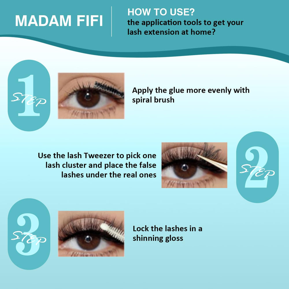 Madam Fifi utilisation maison extension cils pour tester différents looks.