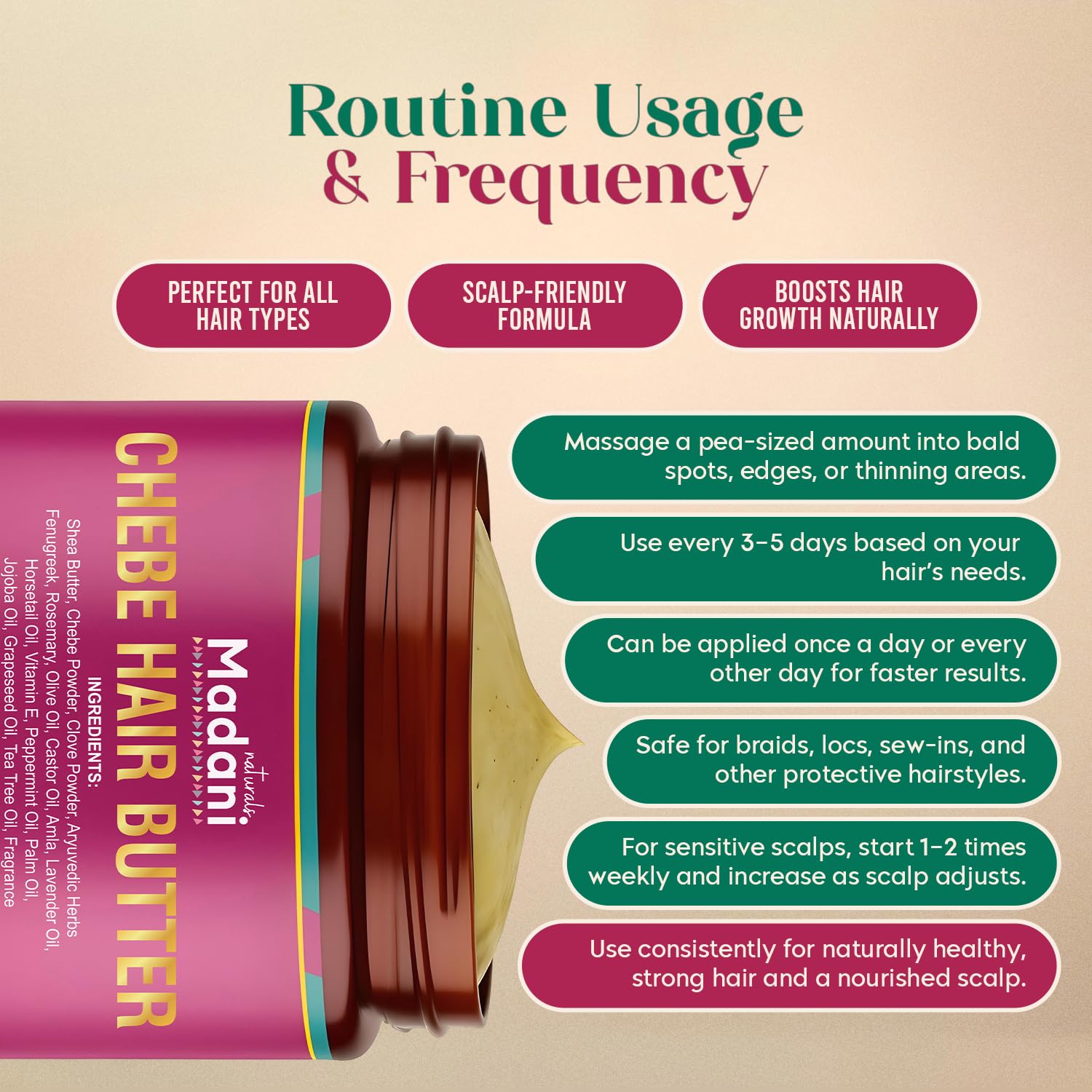 Application facile du Beurre Chebe Madani Naturals sur cheveux et cuir chevelu.