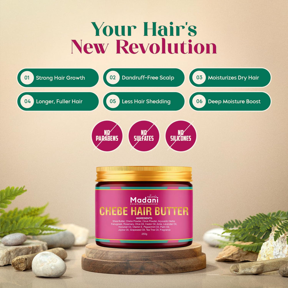 Hydratation profonde grâce au Beurre Chebe Madani Naturals pour le cuir chevelu.