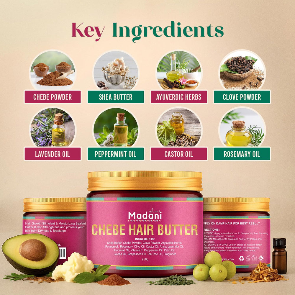 Réparation et brillance avec Beurre Chebe Madani Naturals.