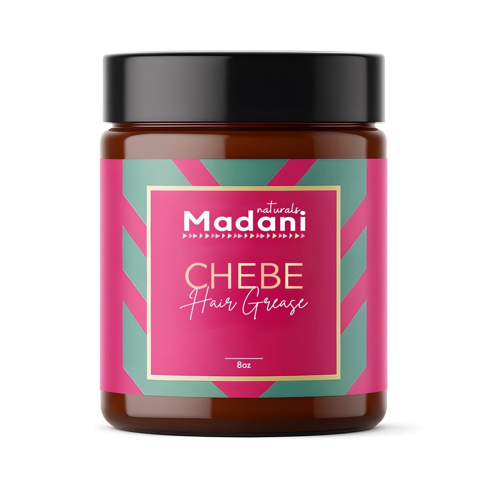 Madani Naturals Chebe Grease montre une bouteille au romarin, soin capillaire nourrissant.