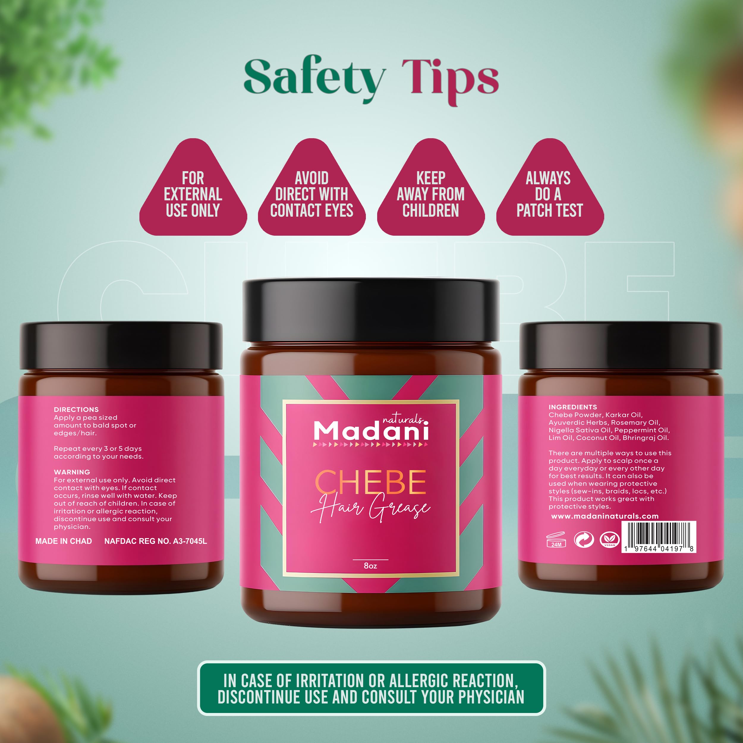 Ingrédients naturels et ayurvédiques présents dans Madani Naturals Chebe Grease.