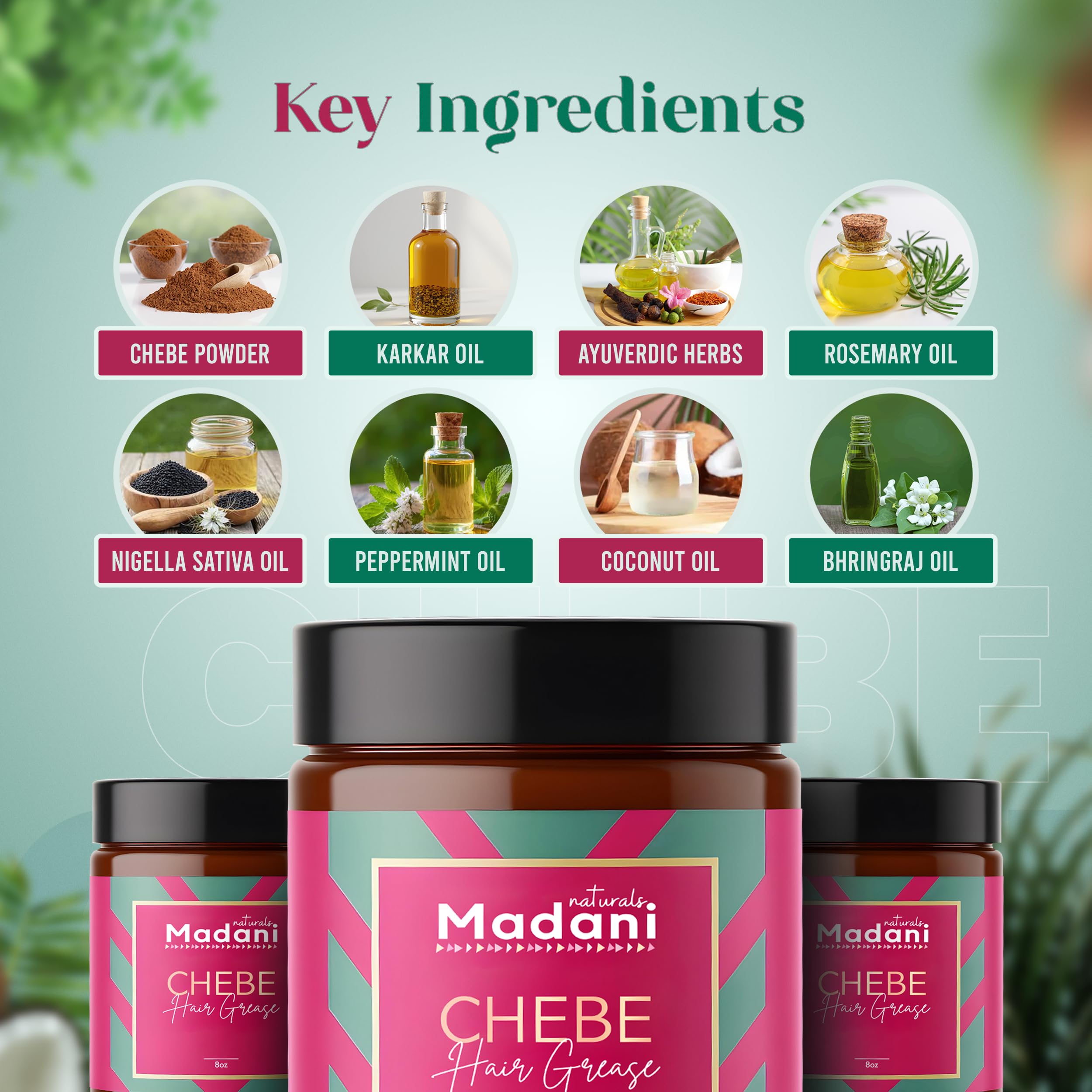 Pot de Madani Naturals Chebe Grease avec texture crème et hydratation riche.