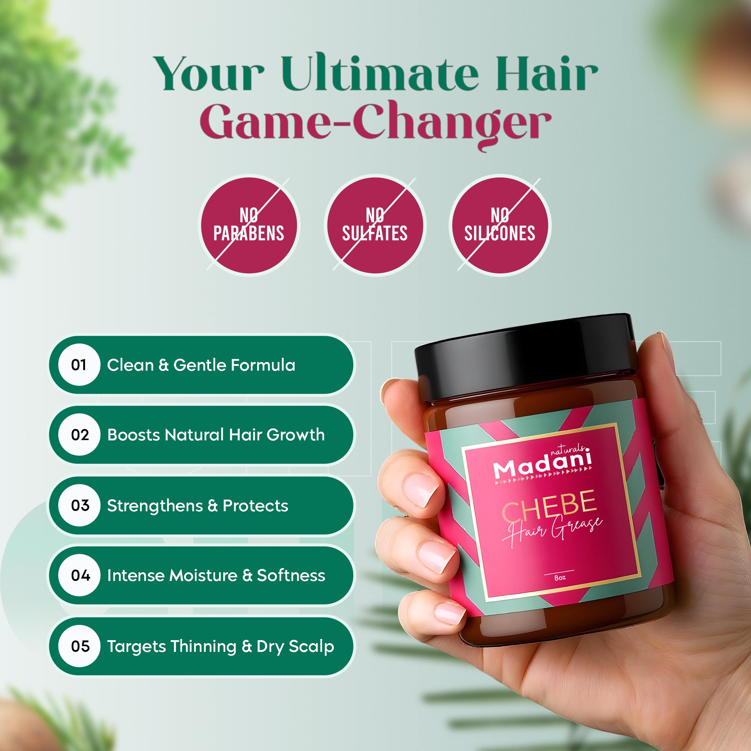 Madani Naturals Chebe Grease convient à tous types de cheveux.