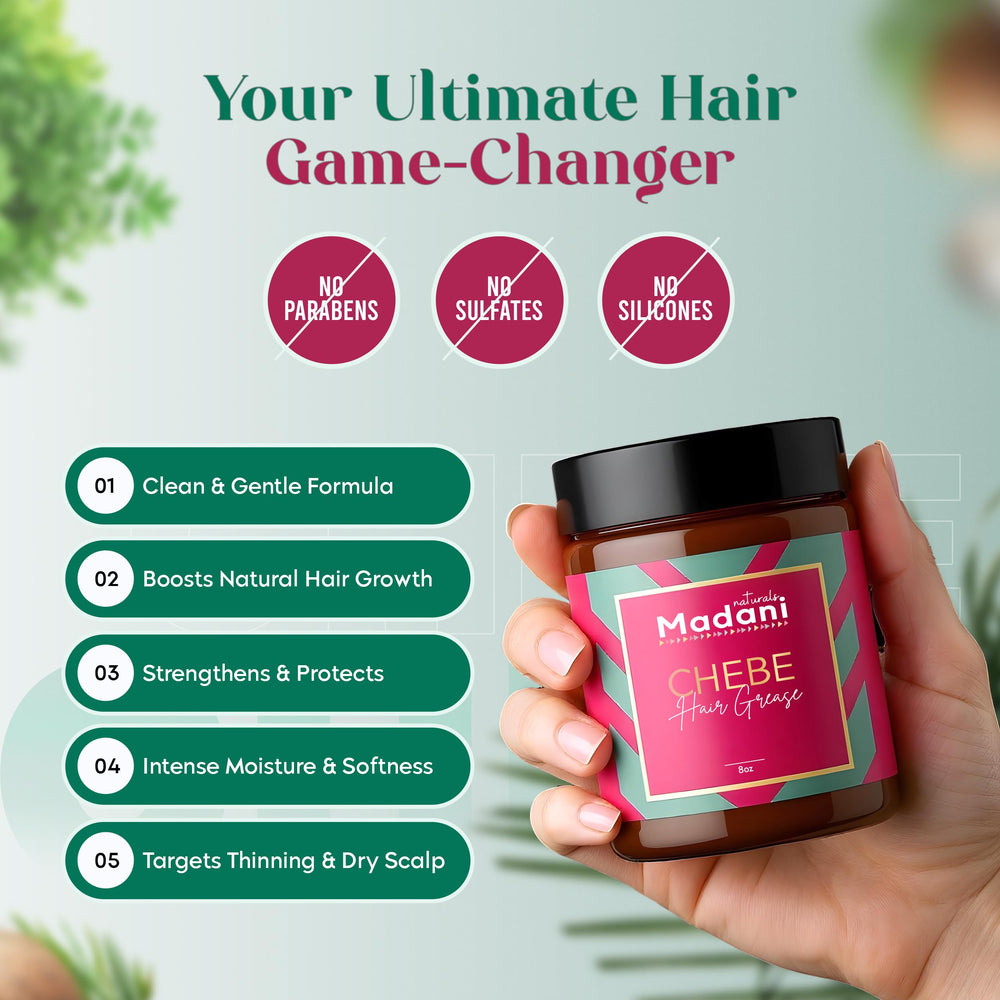Madani Naturals Chebe Grease convient à tous types de cheveux.