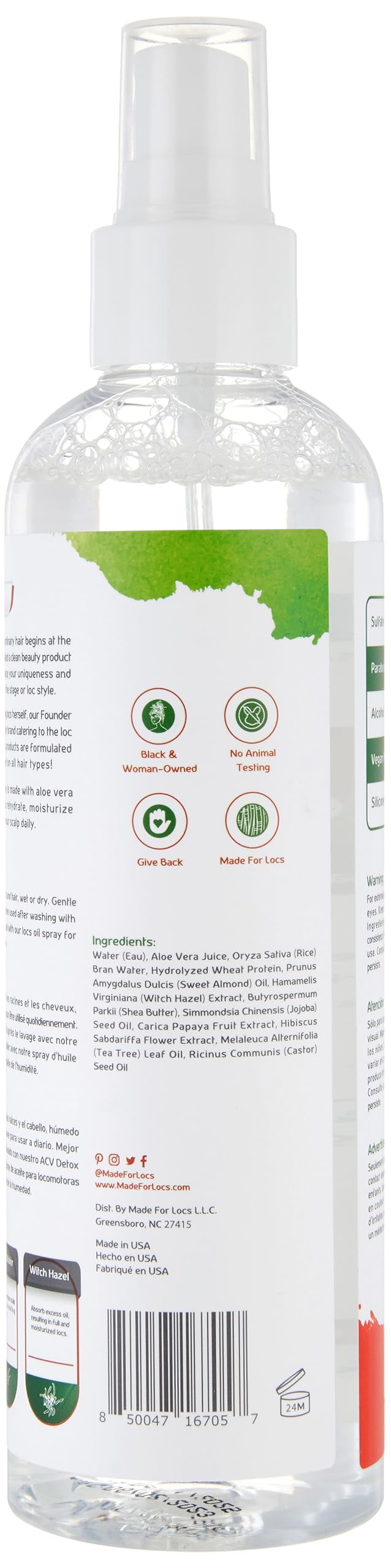 Made For Locs Aloe Refresher Spray – ingrédients clés hamamélis, aloé véra et eau de riz.