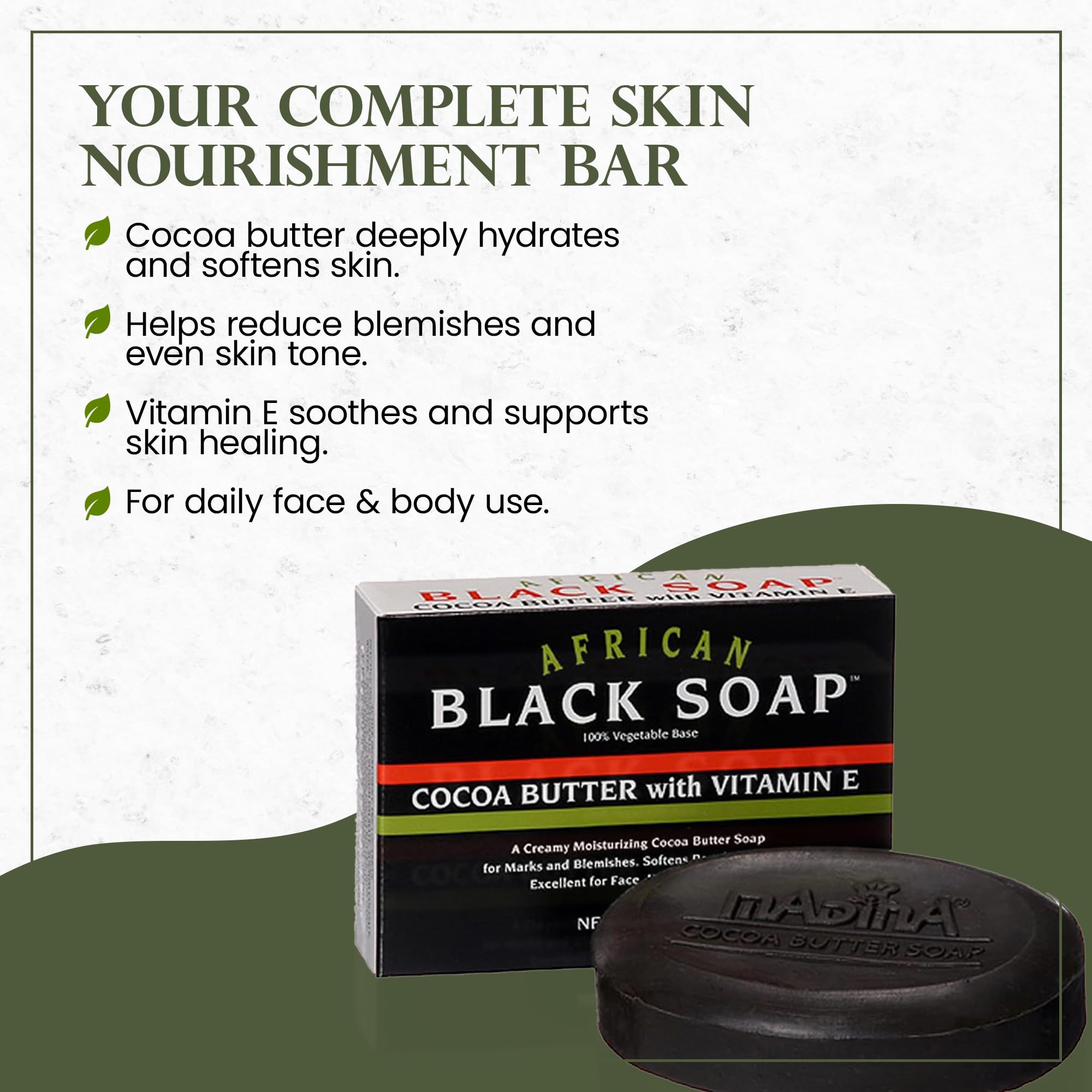 Madina Savon Noir Africain — aperçu peau: peau plus uniforme après usage.
