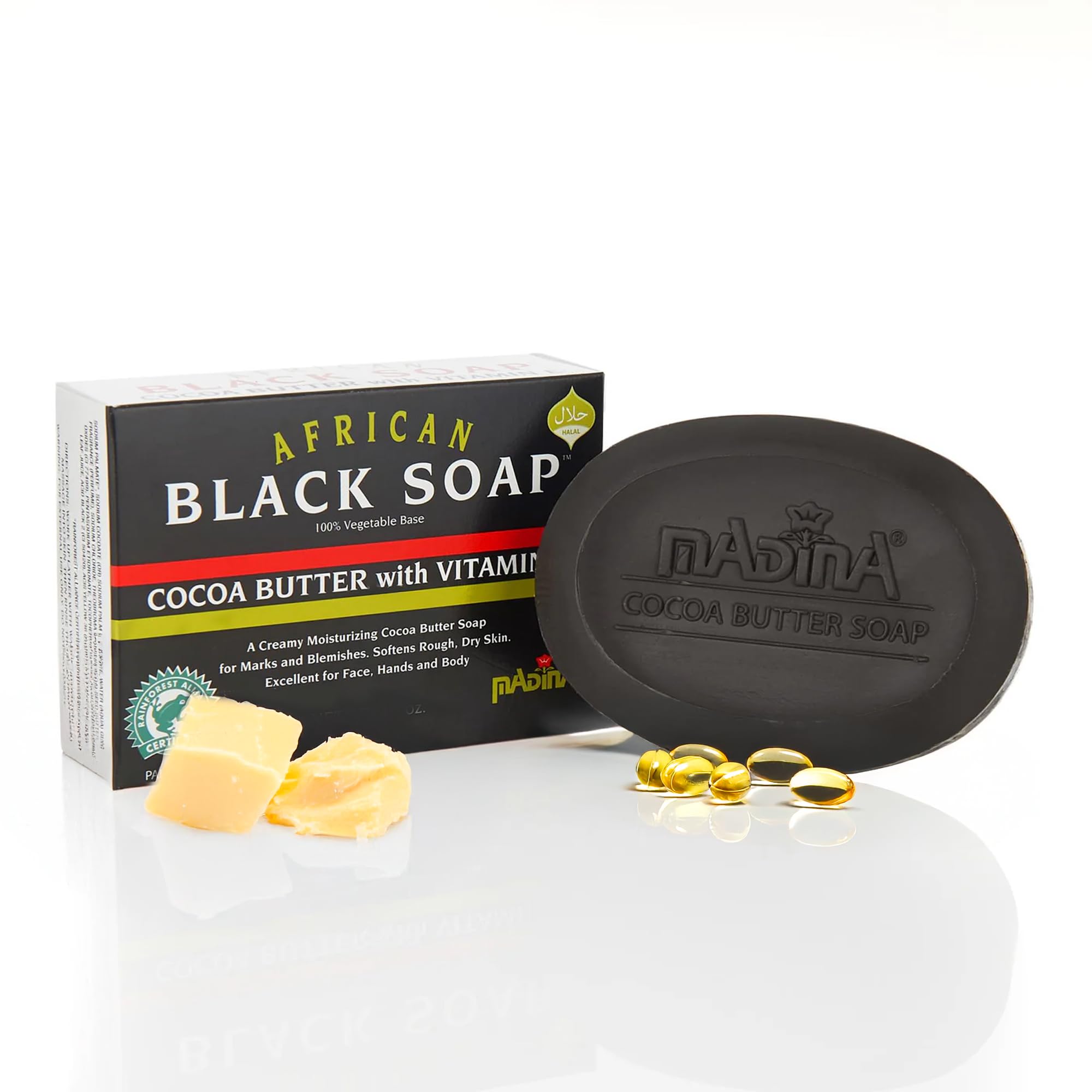 Madina savon noir africain au cacao et beurre: hydratation profonde pour peau douce.