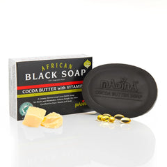 Madina savon noir africain au cacao et beurre: hydratation profonde pour peau douce.