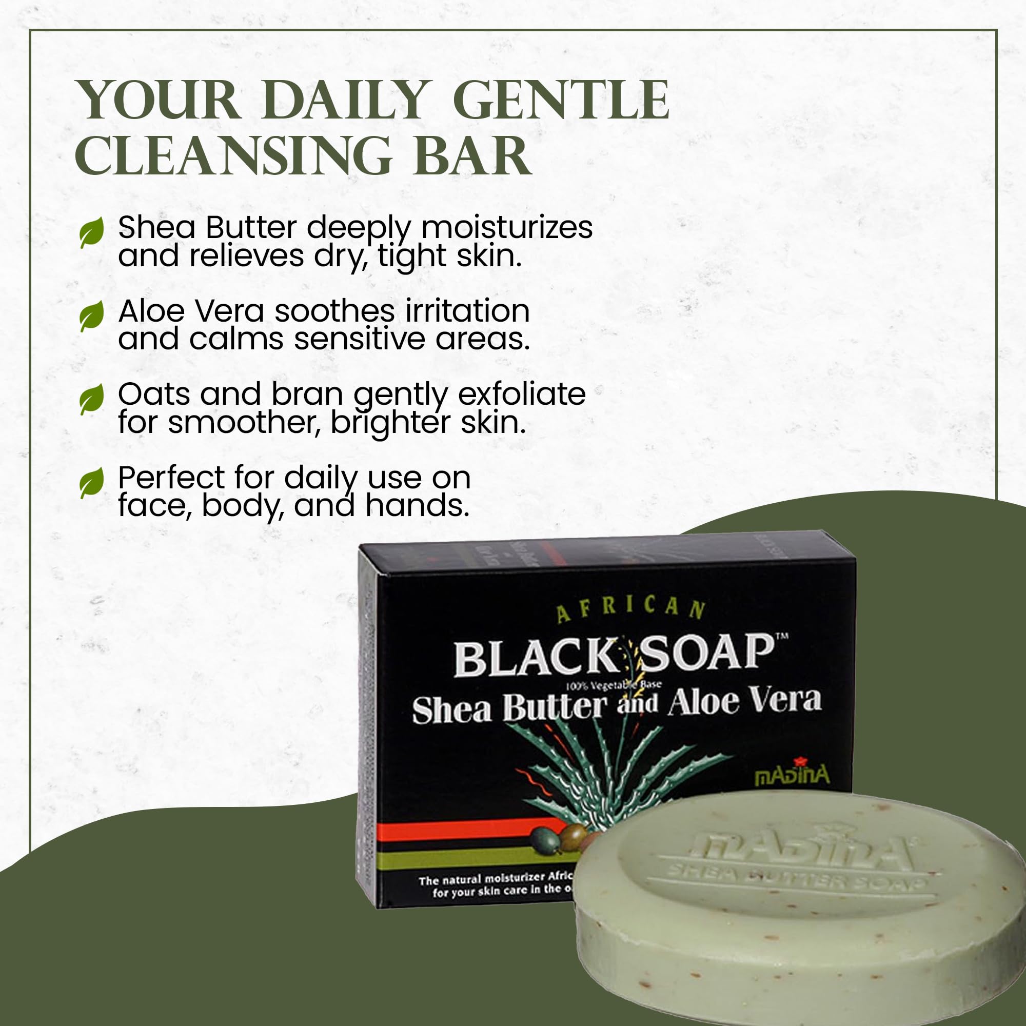 Madina Savon Noir Africain exfoliation-douce, élimine les impuretés en douceur.