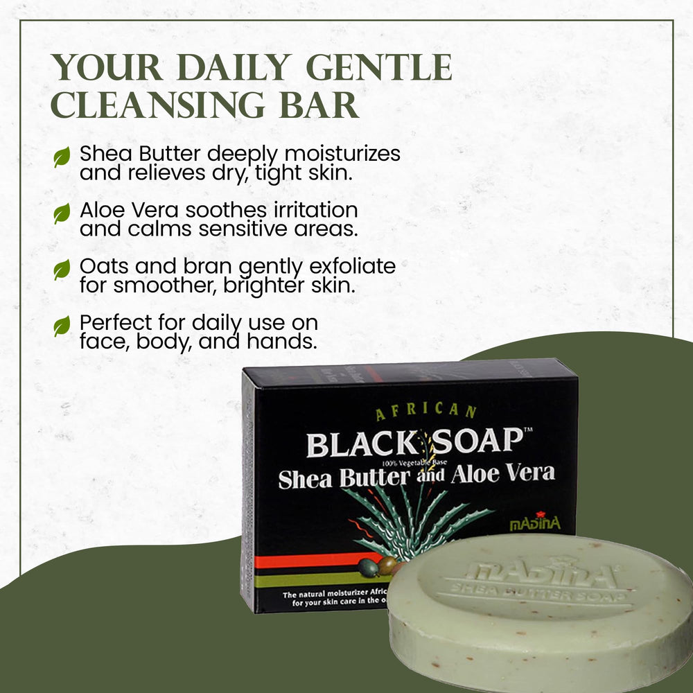 Madina Savon Noir Africain exfoliation-douce, élimine les impuretés en douceur.