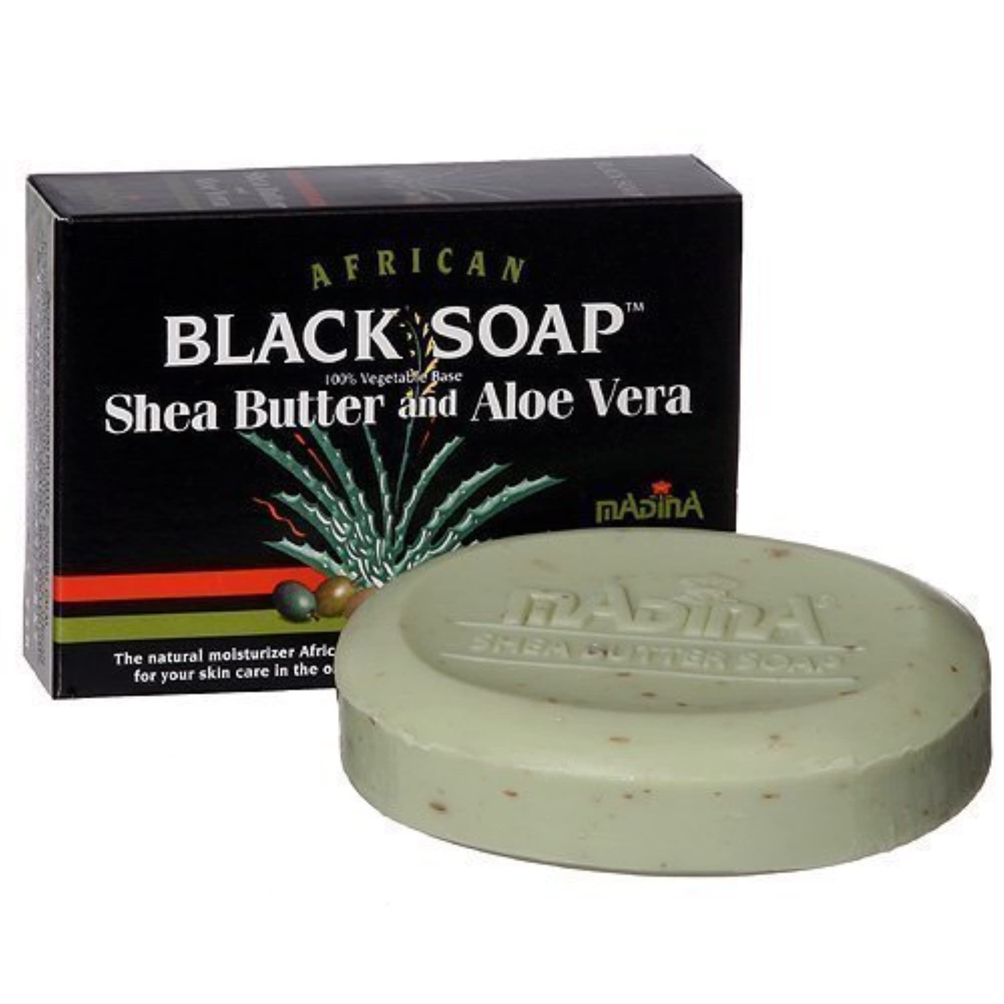 Savon noir Madina au karité et aloe vera, texture naturelle hydratante.