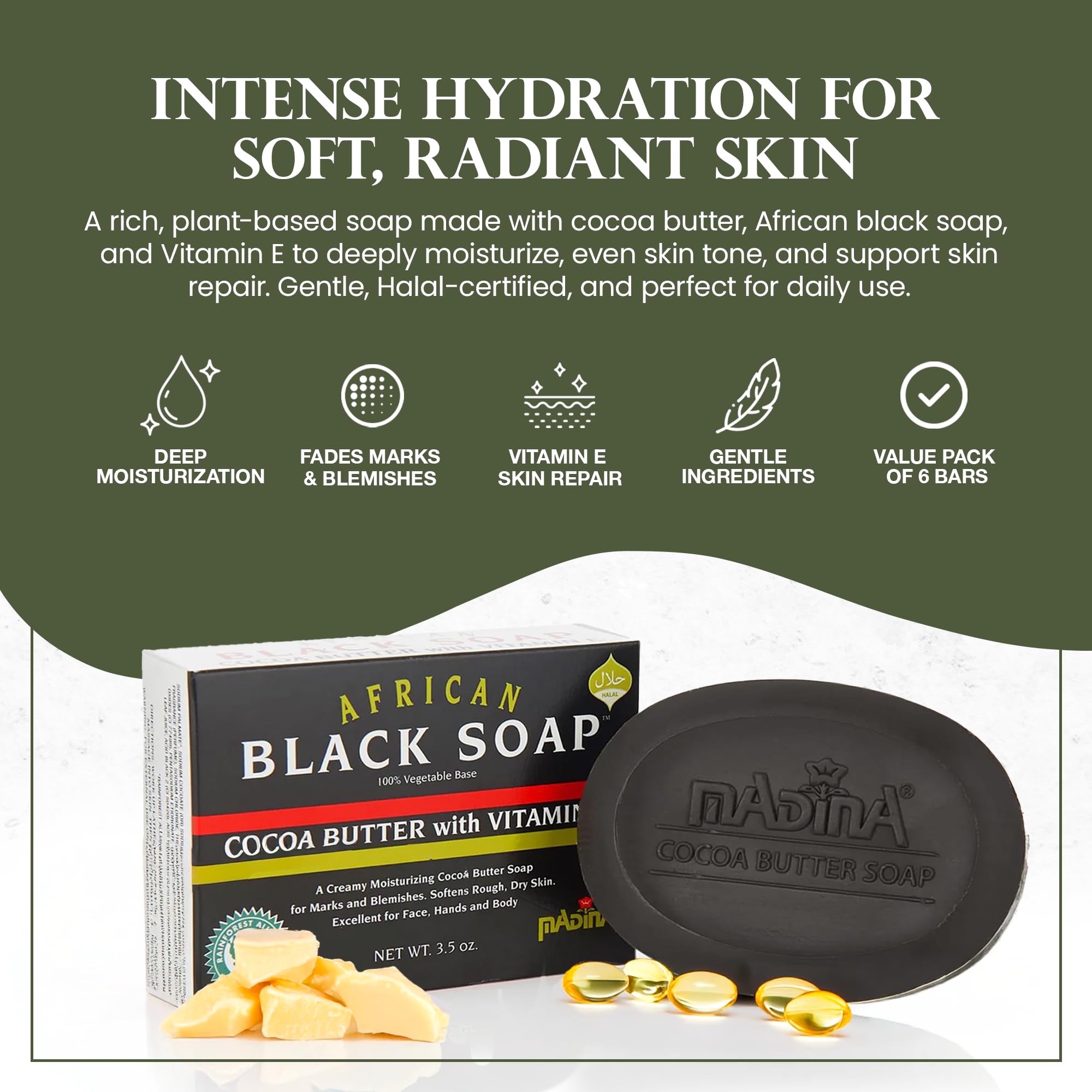 Madina savon noir africain avec vitamine E: protège et soutient la réparation cutanée.