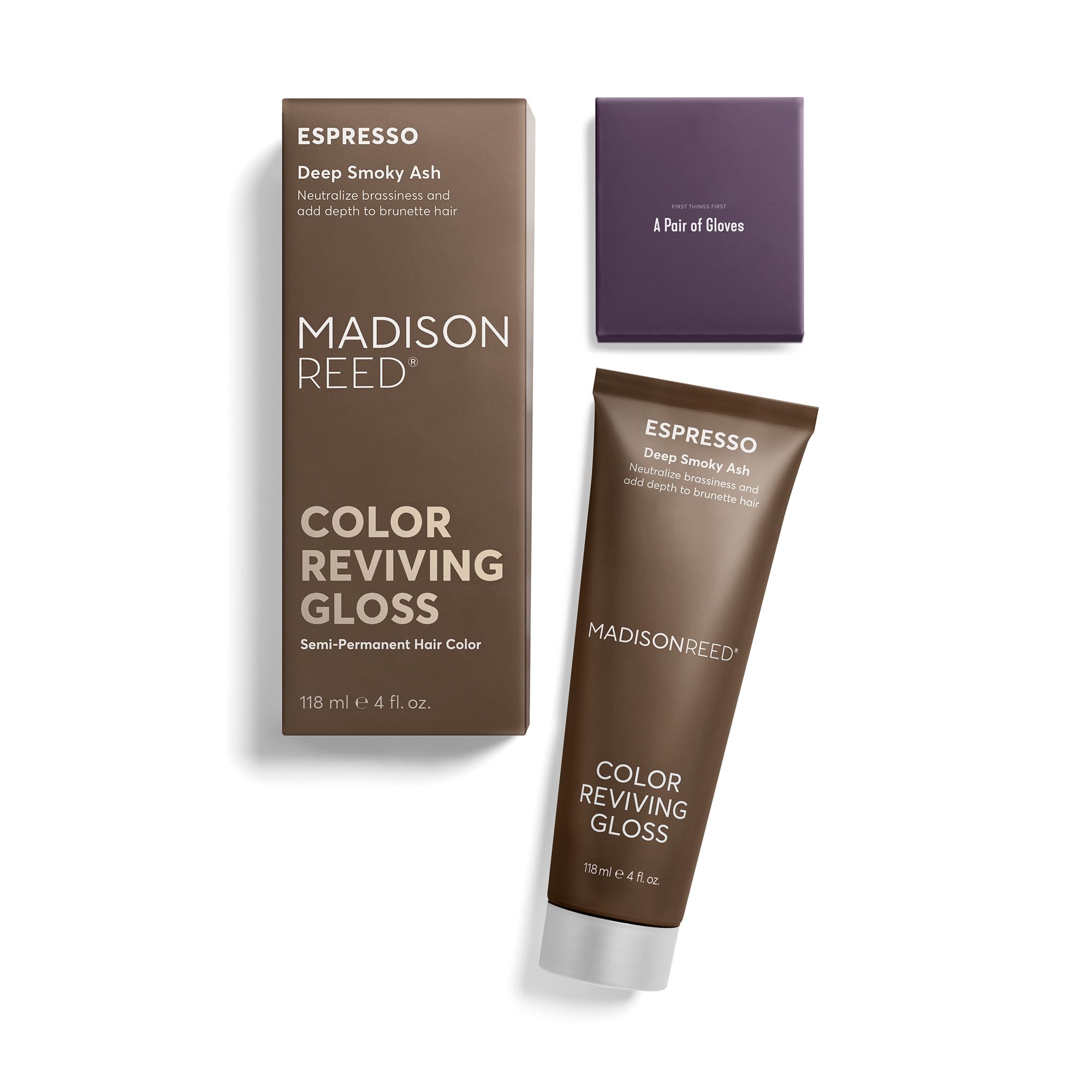 Madison Reed Color Reviving Gloss Espresso, rendu ultra-brillant — neutralise le jaune et sublime le brun