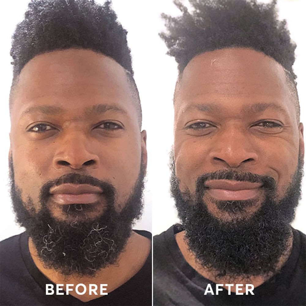 Avant-après naturel Madison Reed Mr Hair Color – rendu discret sur cheveux foncés.