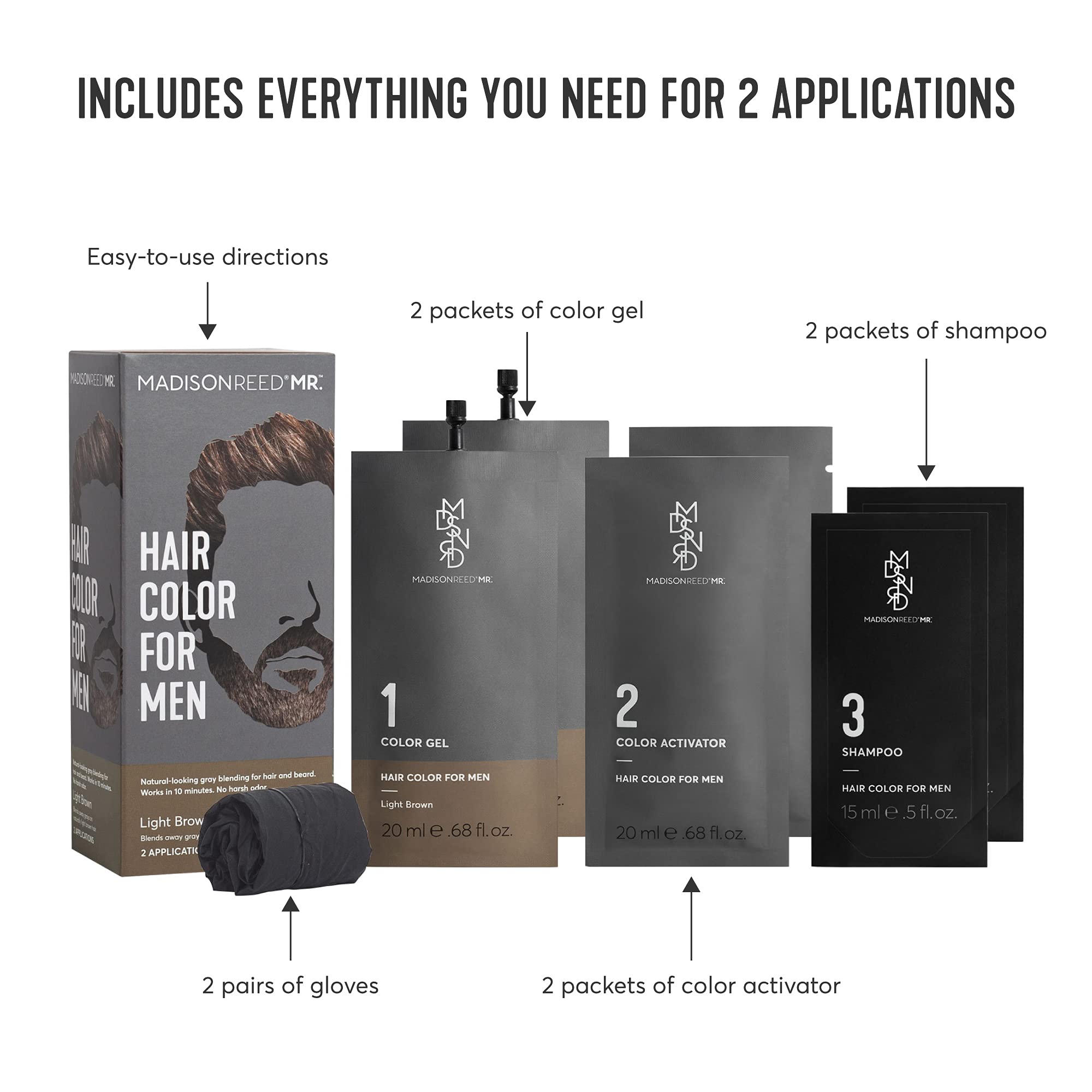 Gel couleur brun clair appliqué sur cheveux et barbe pour une couverture naturelle.
