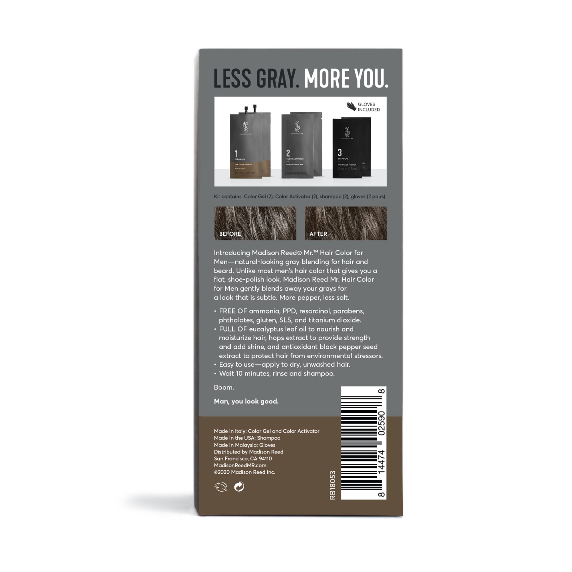 Madison Reed Mr. Homme – gel colorant Brun moyen, application rapide sur cheveux et barbe.