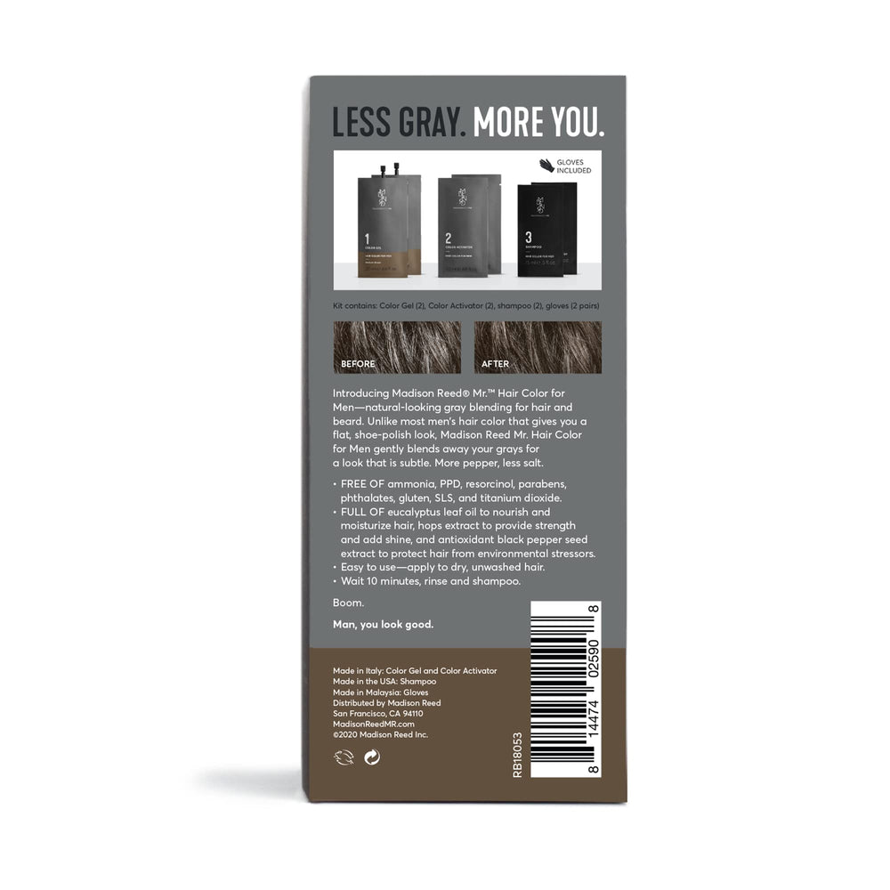 Madison Reed Mr. Homme – gel colorant Brun moyen, application rapide sur cheveux et barbe.
