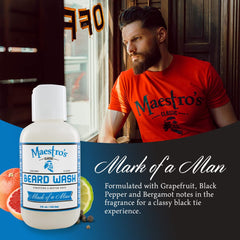 Étiquette montrant le parfum et le design du produit Maestro's Classic Beard Wash.