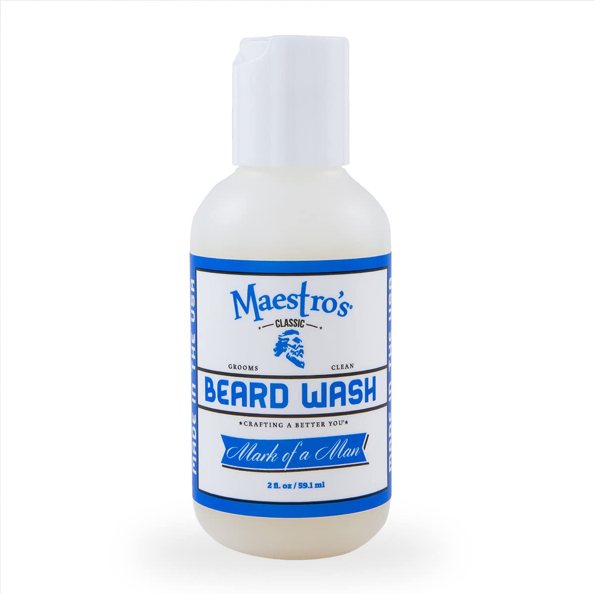 Maestro's Classic Nettoyant Barbe montre la bouteille et l'étiquette pour une routine barbe élégante.