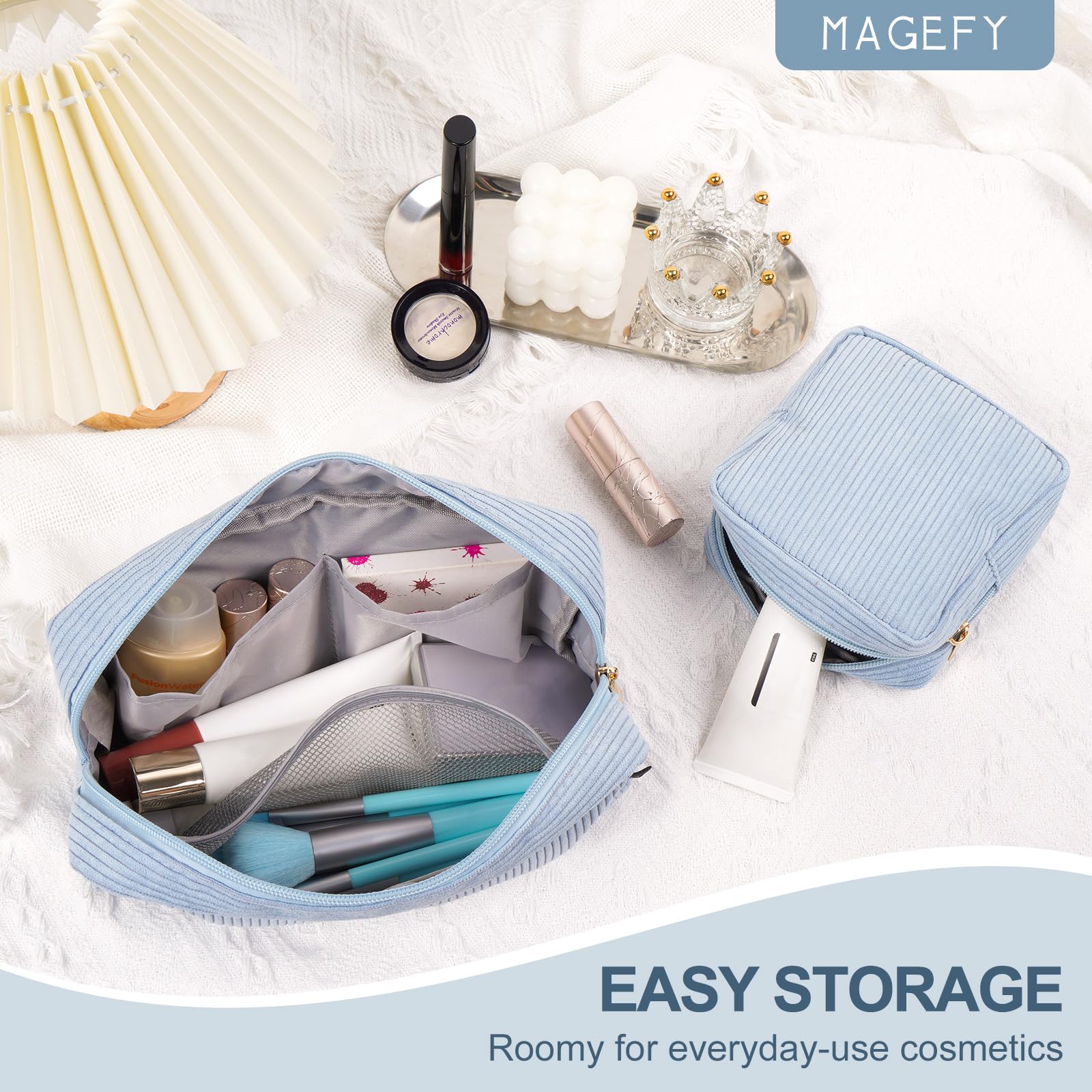 MAGEFY trousse maquillage bleue portable, se glisse dans un sac