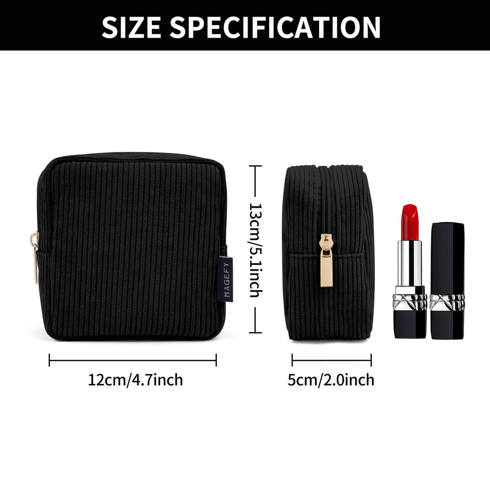 Pochette MAGEFY, corduroy noir, fermeture dorée fiable pour vos cosmétiques.