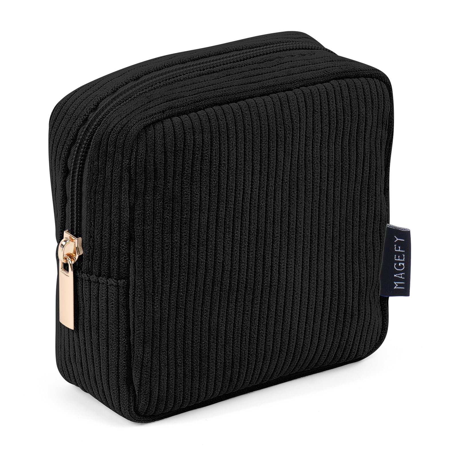 Pochette maquillage MAGEFY en corduroy noire avec poches intérieures pratiques.