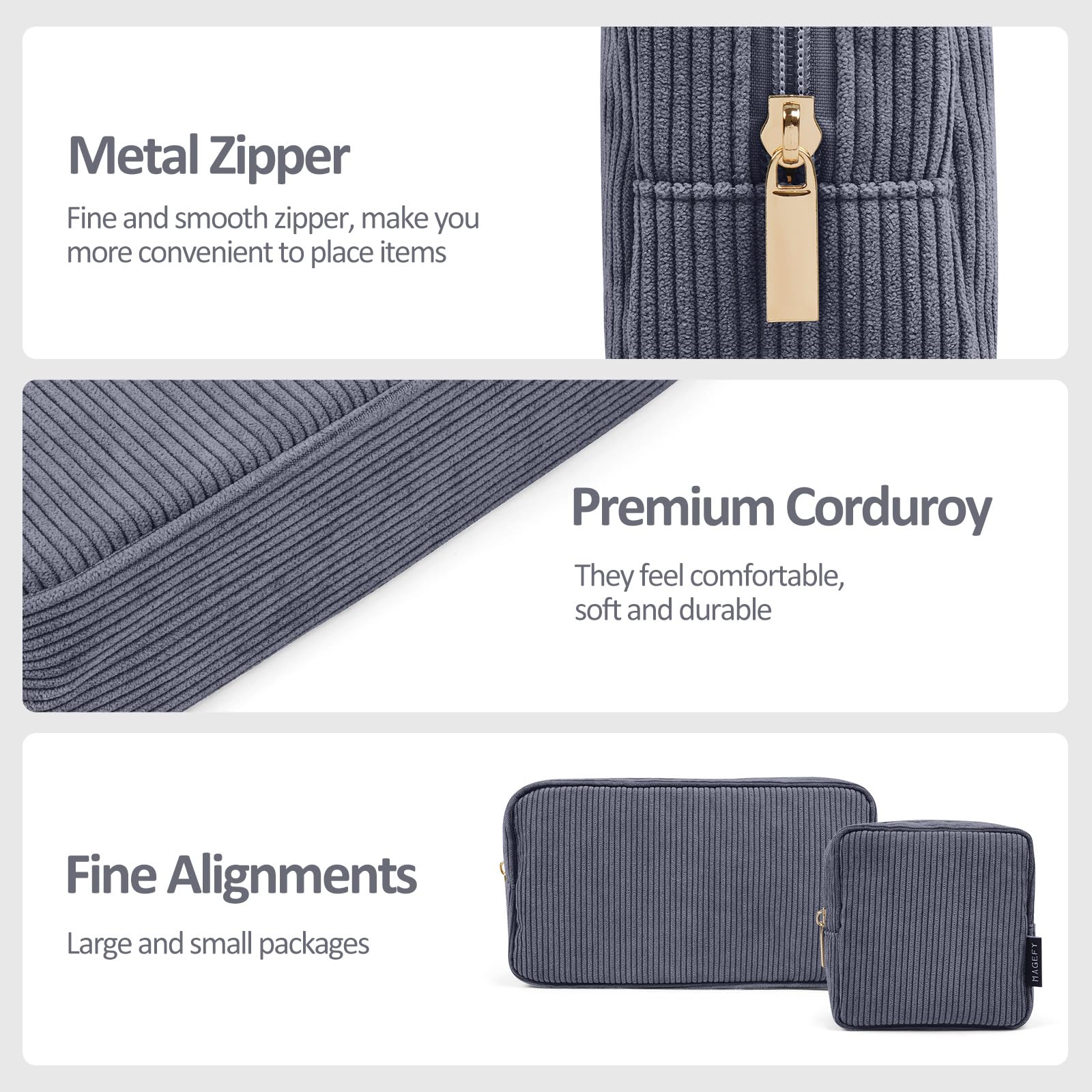 Pochette maquillage MAGEFY gris profond et autres couleurs, polyvalente au quotidien et en voyage.