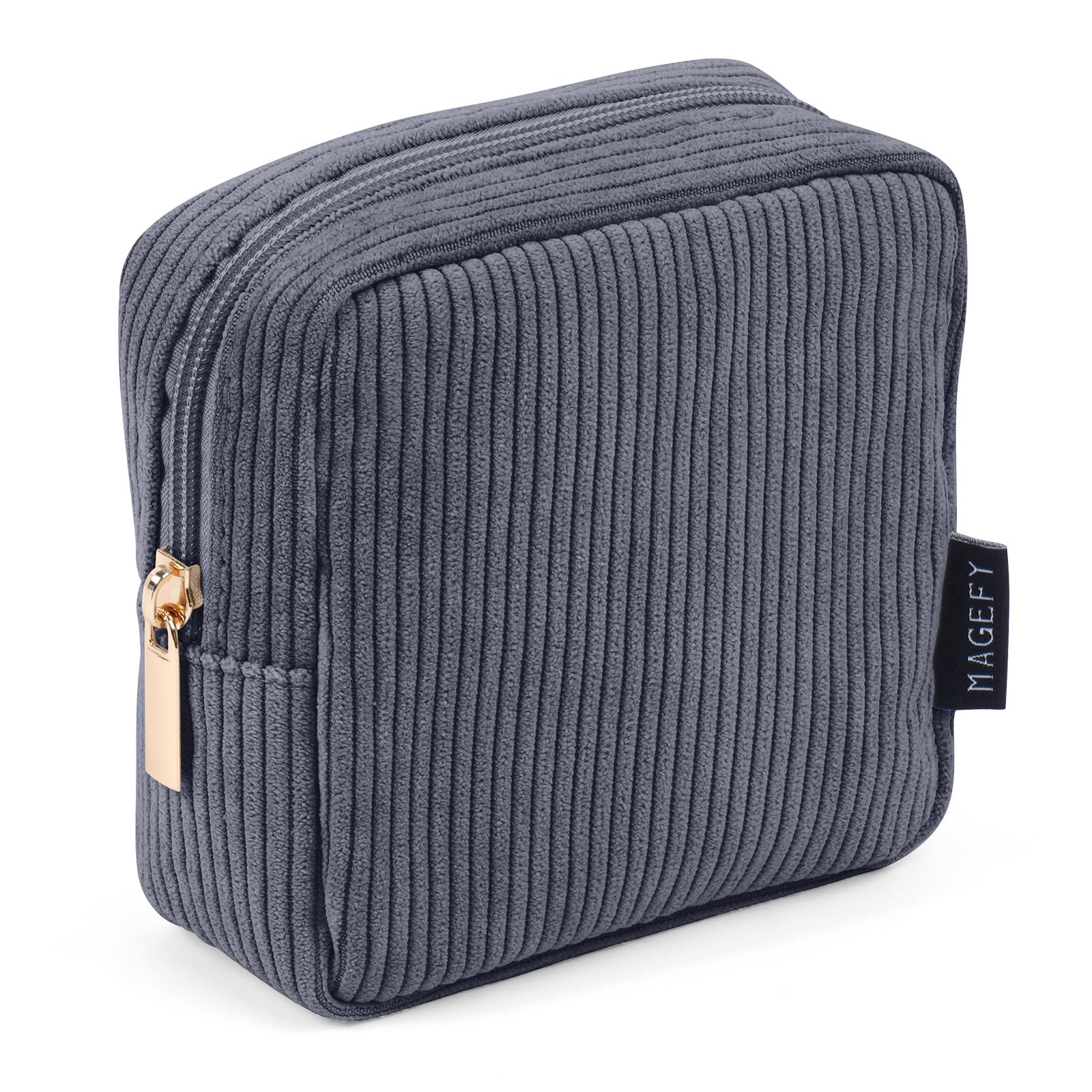 Pochette maquillage MAGEFY en velours côtelé gris profond, rangement élégant pour sacs et voyages.